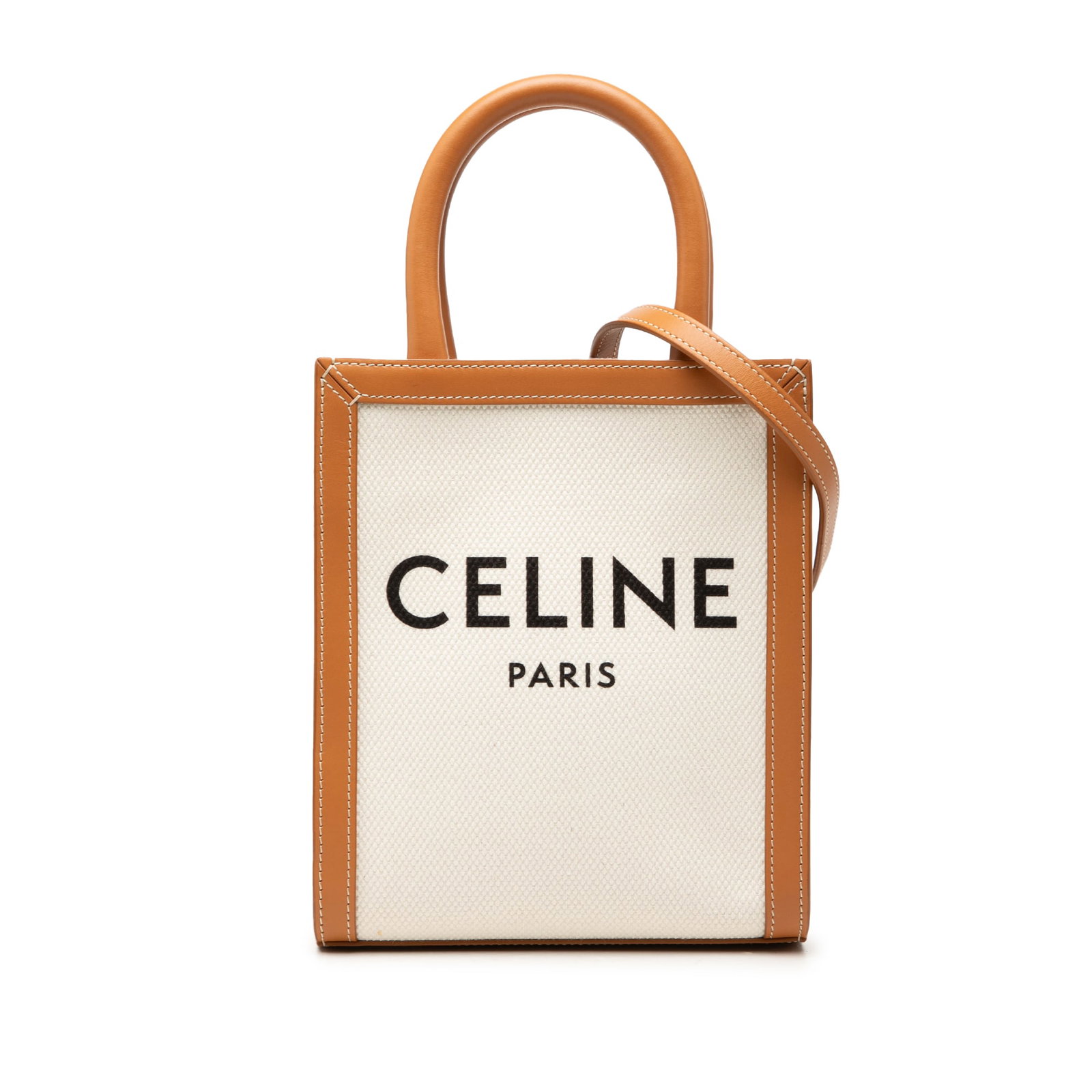 Celine Mini Vertical Cabas Tote Canvas with Leather Trim: Celine Mini Vertical Cabas Tote Canvas with Leather Trim Celine Mini Canvas Vertical Cabas Tote in brown, featuring a canvas body with leather trim, rolled leather handles, a detachable flat leather s