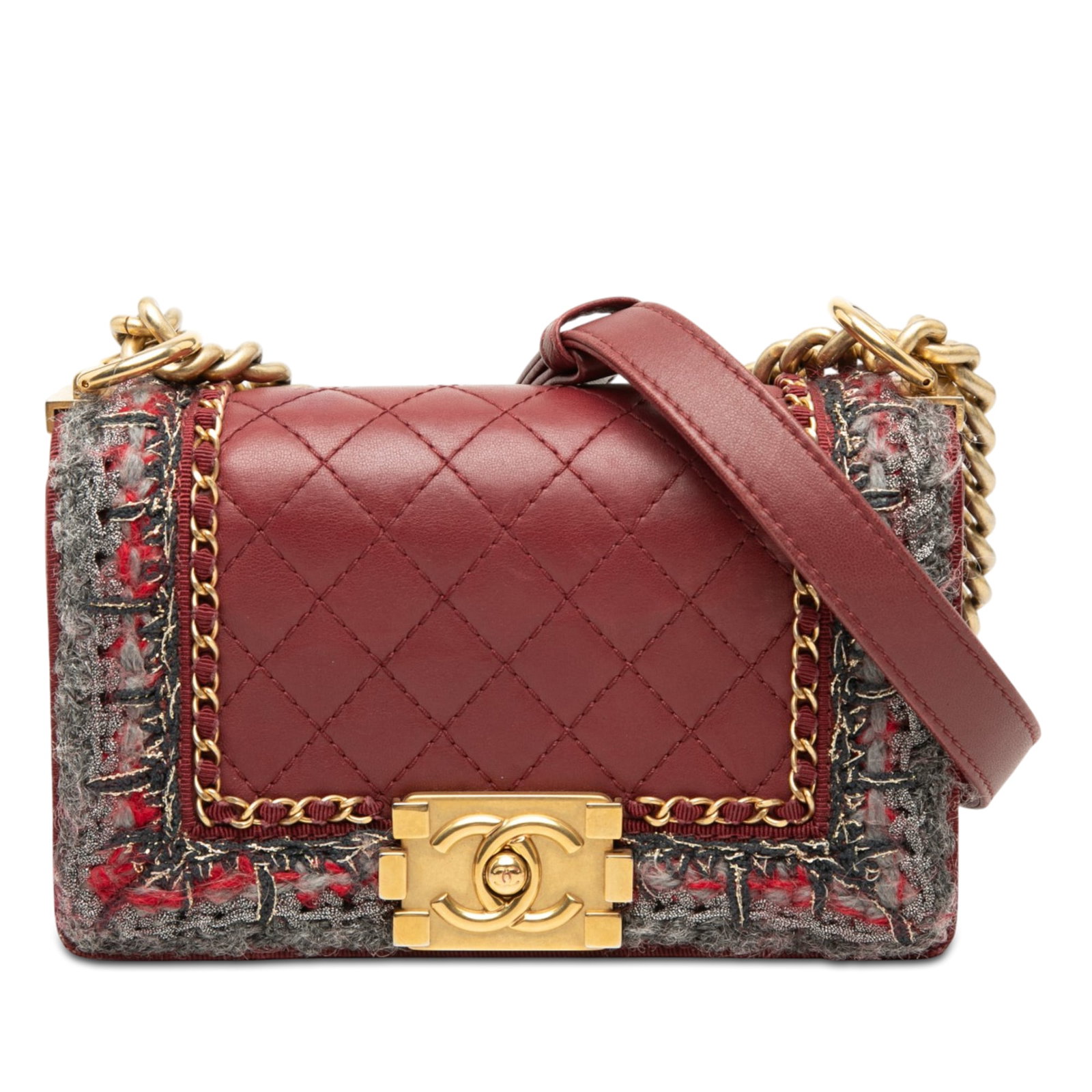 Chanel Boy Flap Small Red Lambskin Crossbody with Tweed Trim: Chanel Boy Flap Small Red Lambskin Crossbody with Tweed Trim Small Chanel Boy Flap crossbody bag crafted with a quilted lambskin leather body and braided tweed trim. It features a curb chain with an a