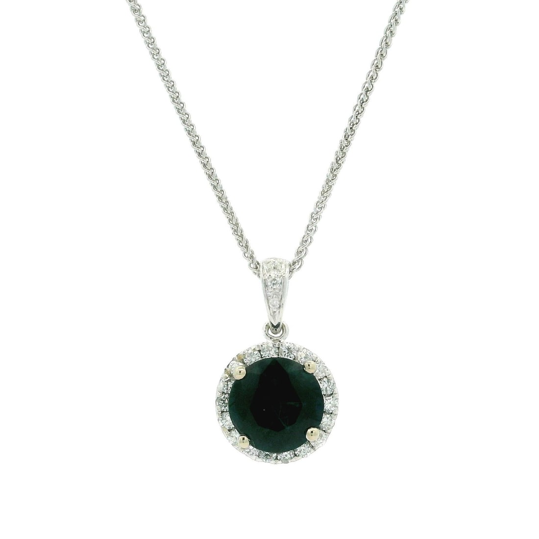 18k White Gold 2.18ctw Sapphire Diamond Pendant Necklace 16in Wheat Link: 18k White Gold 2.18ctw Sapphire Diamond Pendant Necklace 16in Wheat Link This stunning pendant necklace features a captivating natural sapphire and diamond combination, elegantly crafted in solid 18k 