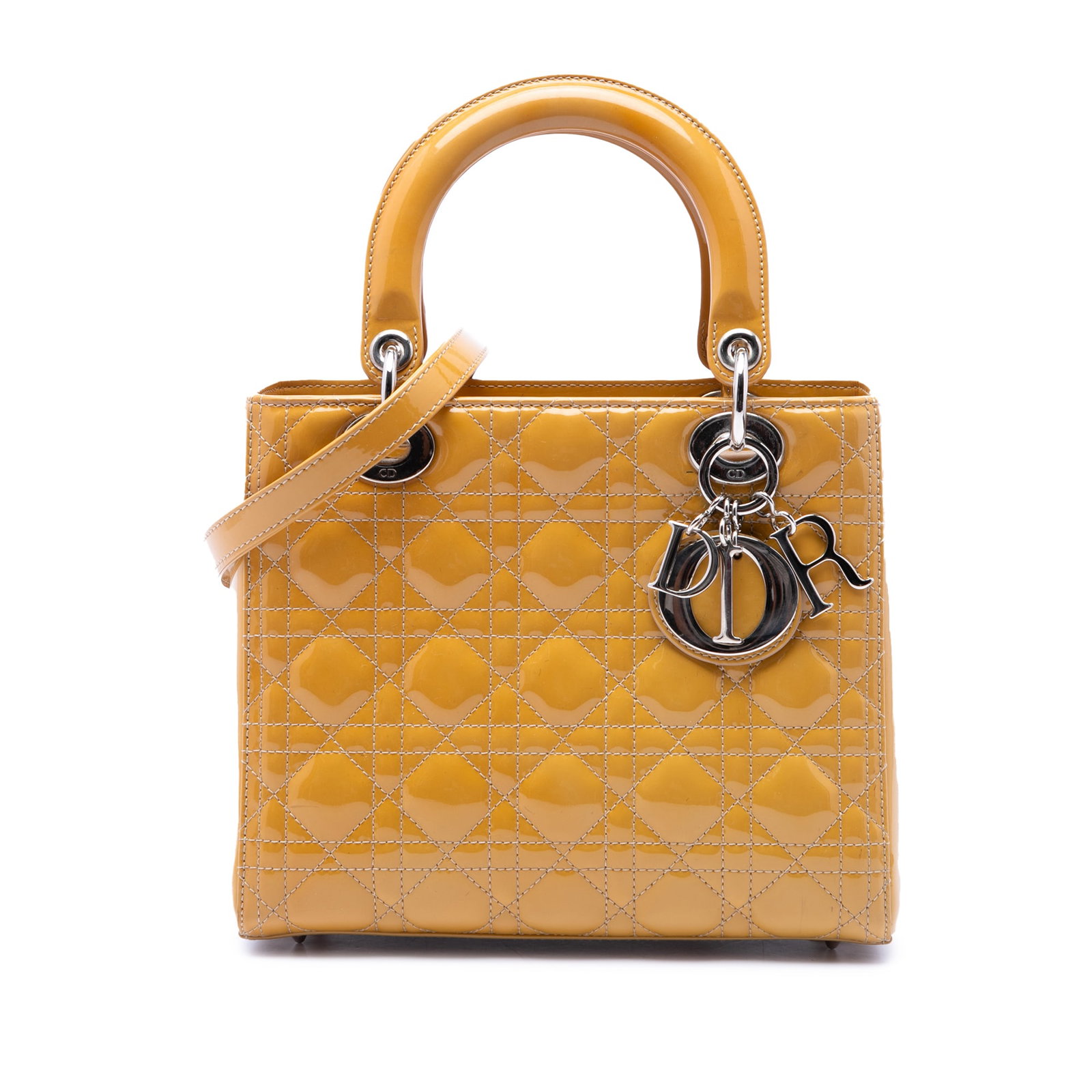 Dior Lady Dior Medium Cannage Patent Leather Handbag Yellow: Dior Lady Dior Medium Cannage Patent Leather Handbag Yellow Medium Lady Dior bag in quilted patent leather, made in Italy. It features flat leather top handles, a detachable flat leather shoulder stra