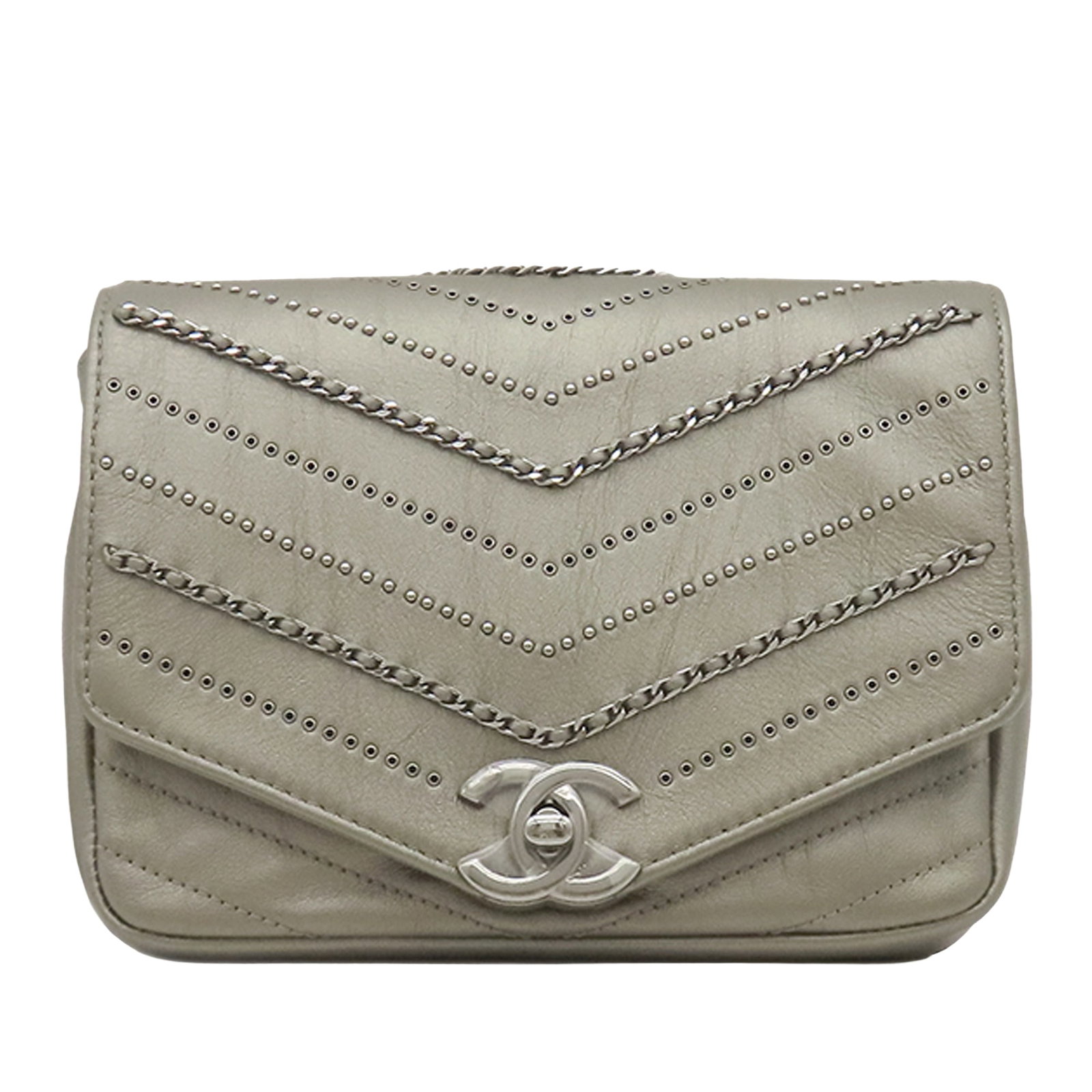 Chanel Data Center Envelope Flap Small Chevron Calfskin Bag: Chanel Data Center Envelope Flap Small Chevron Calfskin Bag Small Chanel envelope flap bag in silver chevron calfskin with embellished detailing. It features a leather-woven chain link with an adjusta