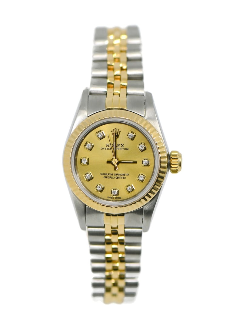 Rolex Oyster Perpetual women's wristwatch ref 67193 diamond dial 18K steel: Rolex Oyster Perpetual women's wristwatch ref 67193 diamond dial 18K steel Pre-owned Rolex Oyster Perpetual wristwatch for women with a round polished stainless steel case and stainless steel band. Th