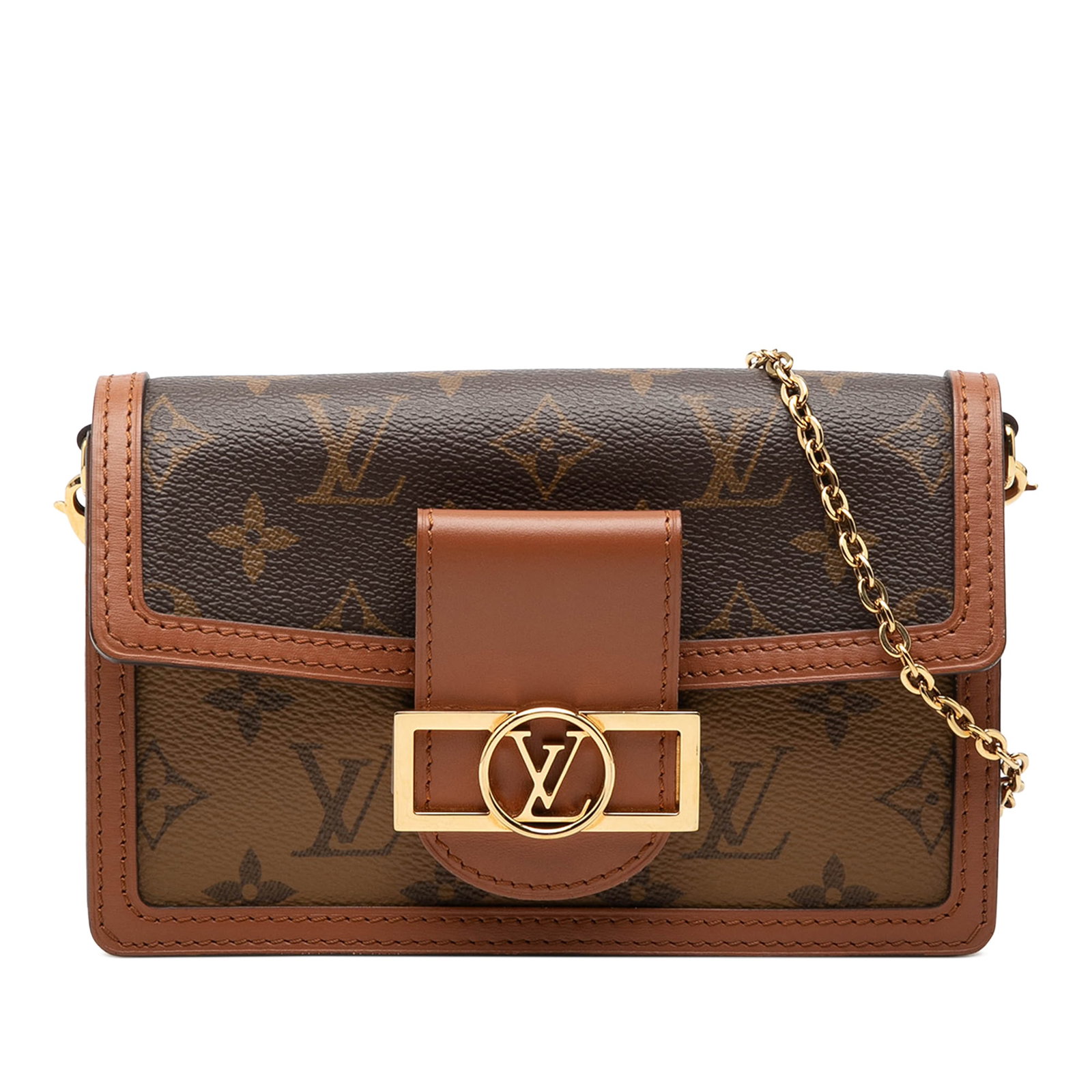 Louis Vuitton Dauphine Reverse Monogram Chain Wallet: Louis Vuitton Dauphine Reverse Monogram Chain Wallet This Louis Vuitton Monogram Reverse Dauphine Wallet on Chain is crafted from monogram reverse canvas in brown and features a detachable chain link 