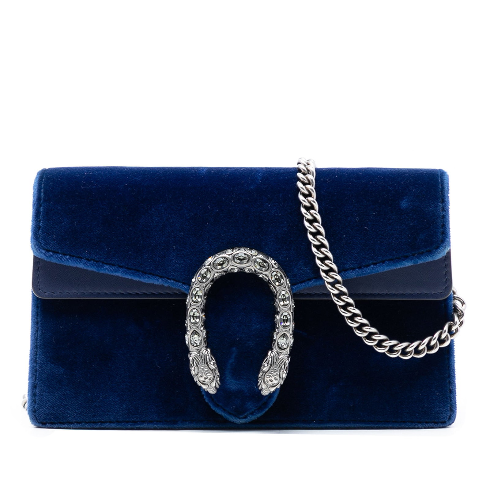 Gucci Dionysus Mini Velvet Blue Crossbody Bag: Gucci Dionysus Mini Velvet Blue Crossbody Bag This Gucci Mini Velvet Dionysus Crossbody features a luxurious blue velvet body with leather trim, complemented by a chain link shoulder strap and a flap 