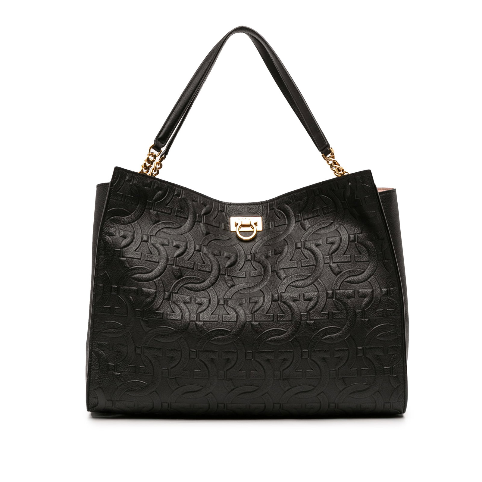 Gancini Black Leather Tote with Embossed Design and Removable Pouch (1 of 12)