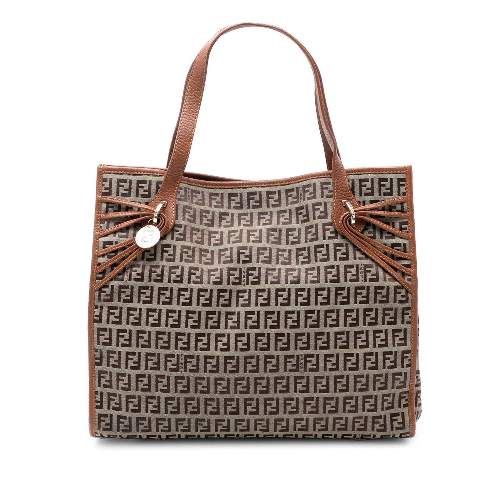 Fendi Zucchino Brown Canvas Tote Bag: Fendi Zucchino Brown Canvas Tote Bag This Fendi Zucchino Canvas Tote features a brown canvas body with leather trim, flat leather straps, an open top with magnetic snap closure, and an interior slip p