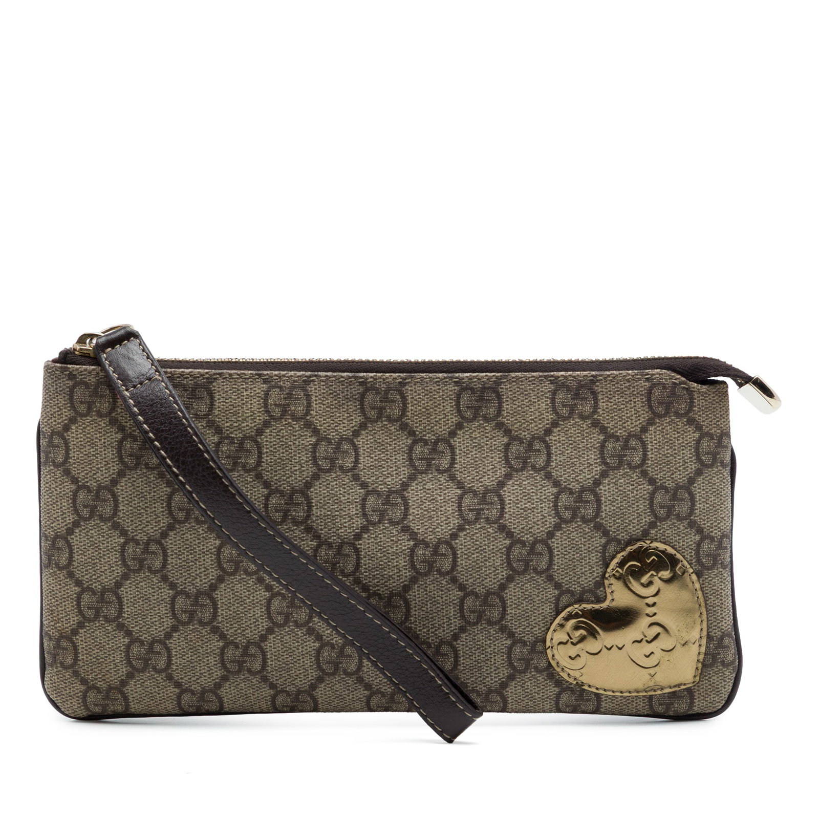 Gucci Guccissima GG Supreme Heart Trim Wristlet Clutch: Gucci Guccissima GG Supreme Heart Trim Wristlet Clutch Gucci Guccissima Heart Trimmed GG Supreme Wristlet Clutch in brown, made in Italy. This clutch features a coated canvas body with leather trim, a
