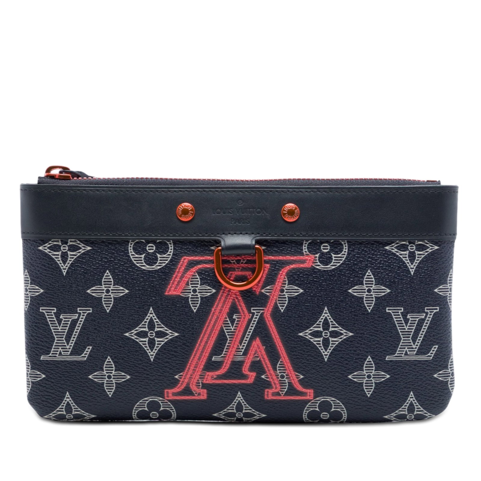 Louis Vuitton Apollo Pochette PM Blue Monogram Ink Zip Pouch: Louis Vuitton Apollo Pochette PM Blue Monogram Ink Zip Pouch A Louis Vuitton Monogram Ink Upside Down Apollo Pochette PM pouch in blue, made with monogram canvas and leather trim. It features a top zi