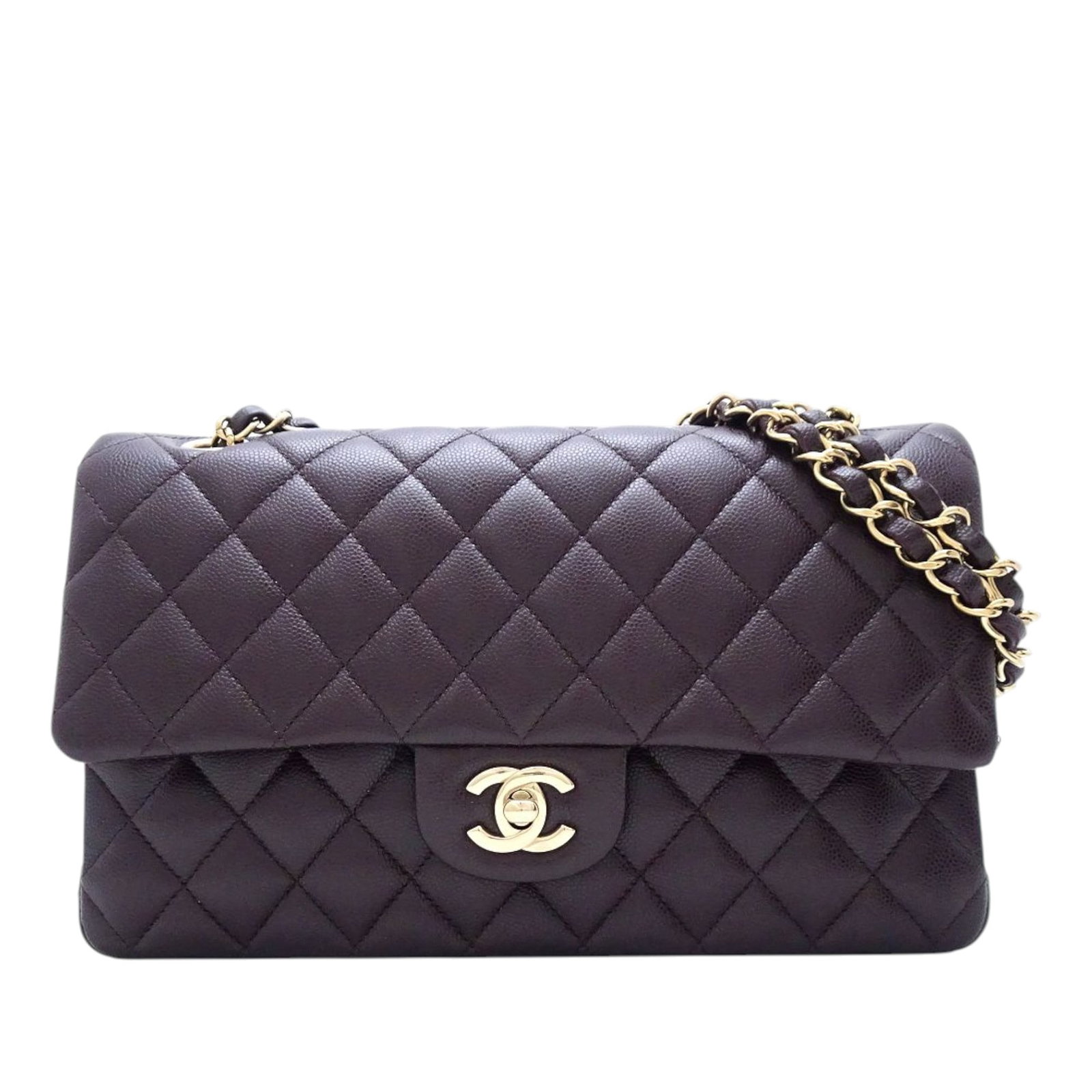 Chanel Medium Classic Double Flap Shoulder Bag Purple Caviar Leather: Chanel Medium Classic Double Flap Shoulder Bag Purple Caviar Leather Medium Classic Caviar Double Flap shoulder bag in purple quilted caviar leather. It features a leather-woven chain strap, double fr