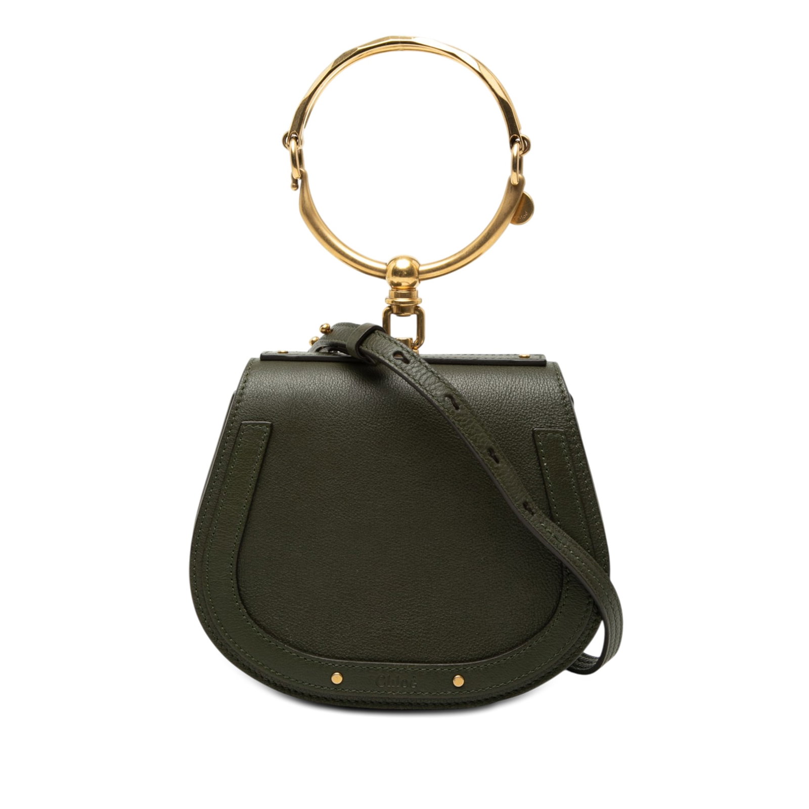 Chloe Nile Small Green Leather Bracelet Handle Satchel: Chloe Nile Small Green Leather Bracelet Handle Satchel Chloe Small Leather Nile Bracelet Satchel in green leather, made in Italy. This bag features a metal hoop handle, a detachable and adjustable fla