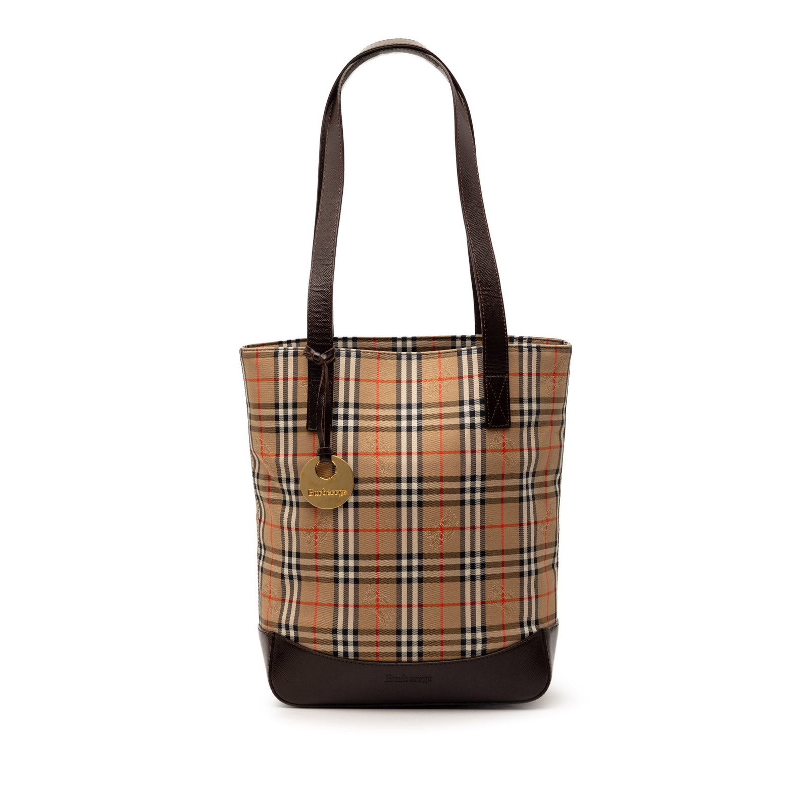 Burberry Beige Canvas Tote with Haymarket Check and Leather Accents: Burberry Beige Canvas Tote with Haymarket Check and Leather Accents This Burberry Haymarket Check Canvas Tote features the iconic check canvas body with a leather bottom panel and flat leather straps.