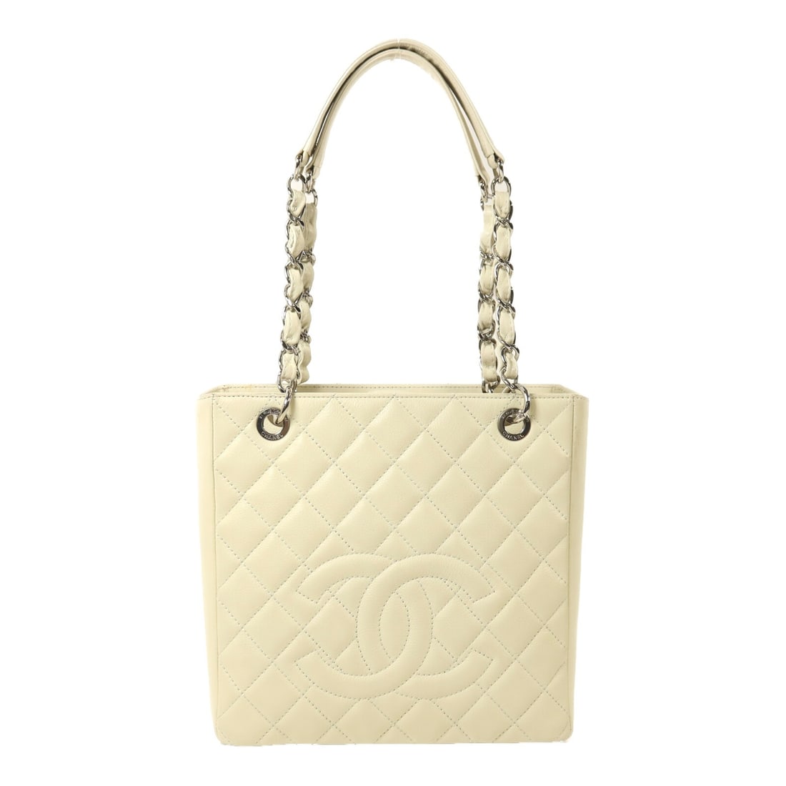 CHANEL PST Petite Shopping Tote Off White Calfskin CC Silver Tone: CHANEL PST Petite Shopping Tote Off White Calfskin CC Silver Tone CHANEL Petite Shopping Tote Bag in calfskin leather with an off-white/white colorway. This tote is a regular-size women's bag made in 