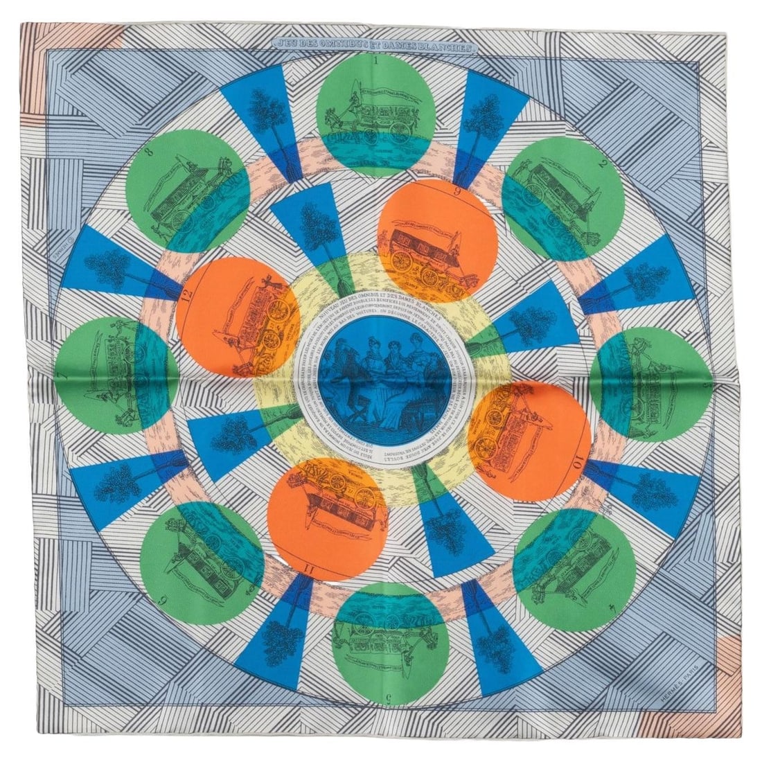 Hermes Jeu des Omnibus et Dames Blanches Silk Scarf Boxed: Hermes Jeu des Omnibus et Dames Blanches Silk Scarf Boxed Hermes Jeu des Omnibus et Dames Blanches scarf crafted in 100% silk with hand-rolled edges. Presented with its ribbon and original box. Condit