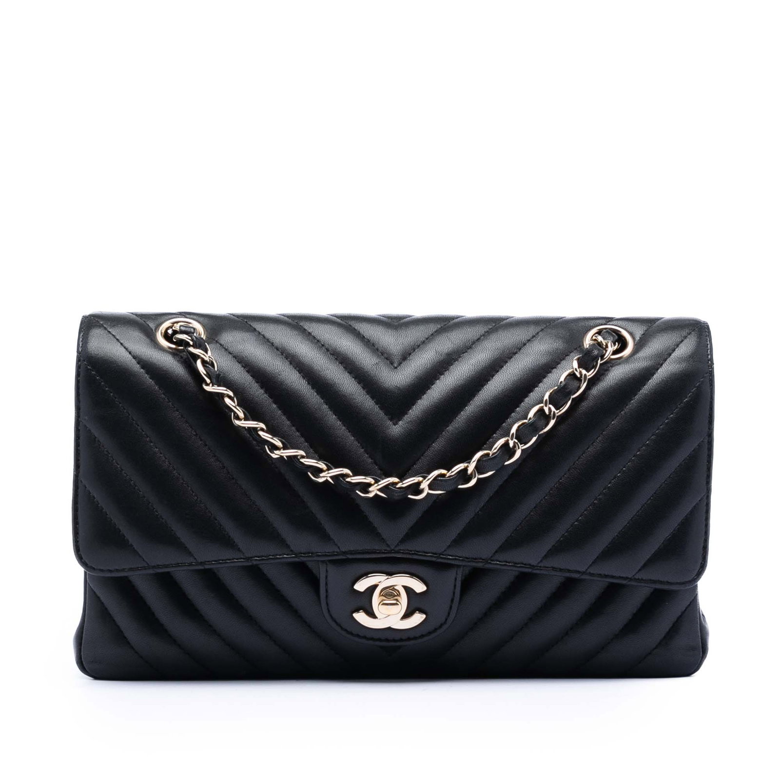 Chanel Classic Chevron Lambskin Flap Bag Black: Chanel Classic Chevron Lambskin Flap Bag Black This Chanel Medium Classic Chevron Lambskin Double Flap shoulder bag is crafted from quilted black lambskin leather. It features a leather-woven chain sh