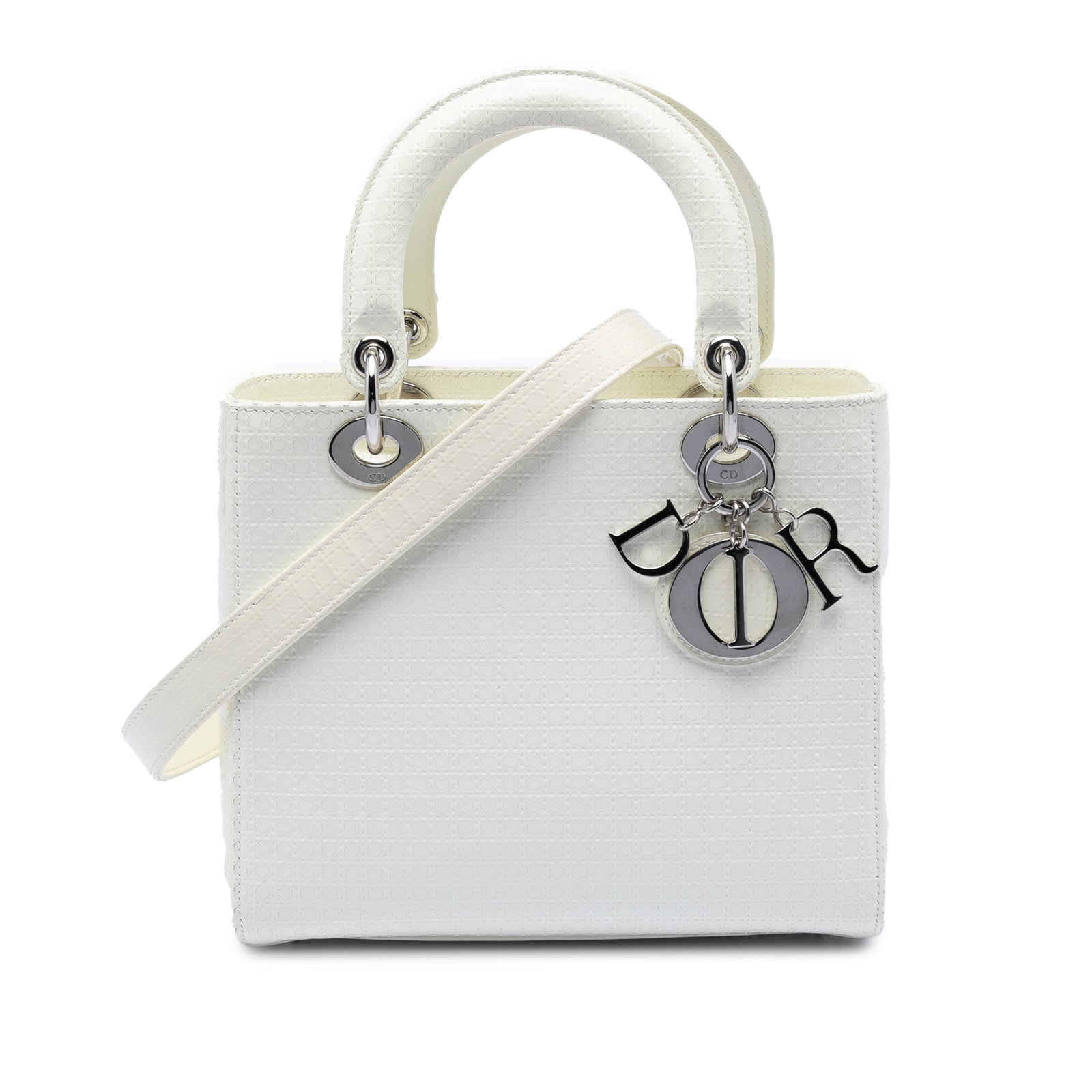 Dior Medium Patent Microcannage Lady Dior White Leather Bag: Dior Medium Patent Microcannage Lady Dior White Leather Bag This Medium Patent Microcannage Lady Dior bag is crafted from quilted patent leather in white and features flat leather handles, a detachabl