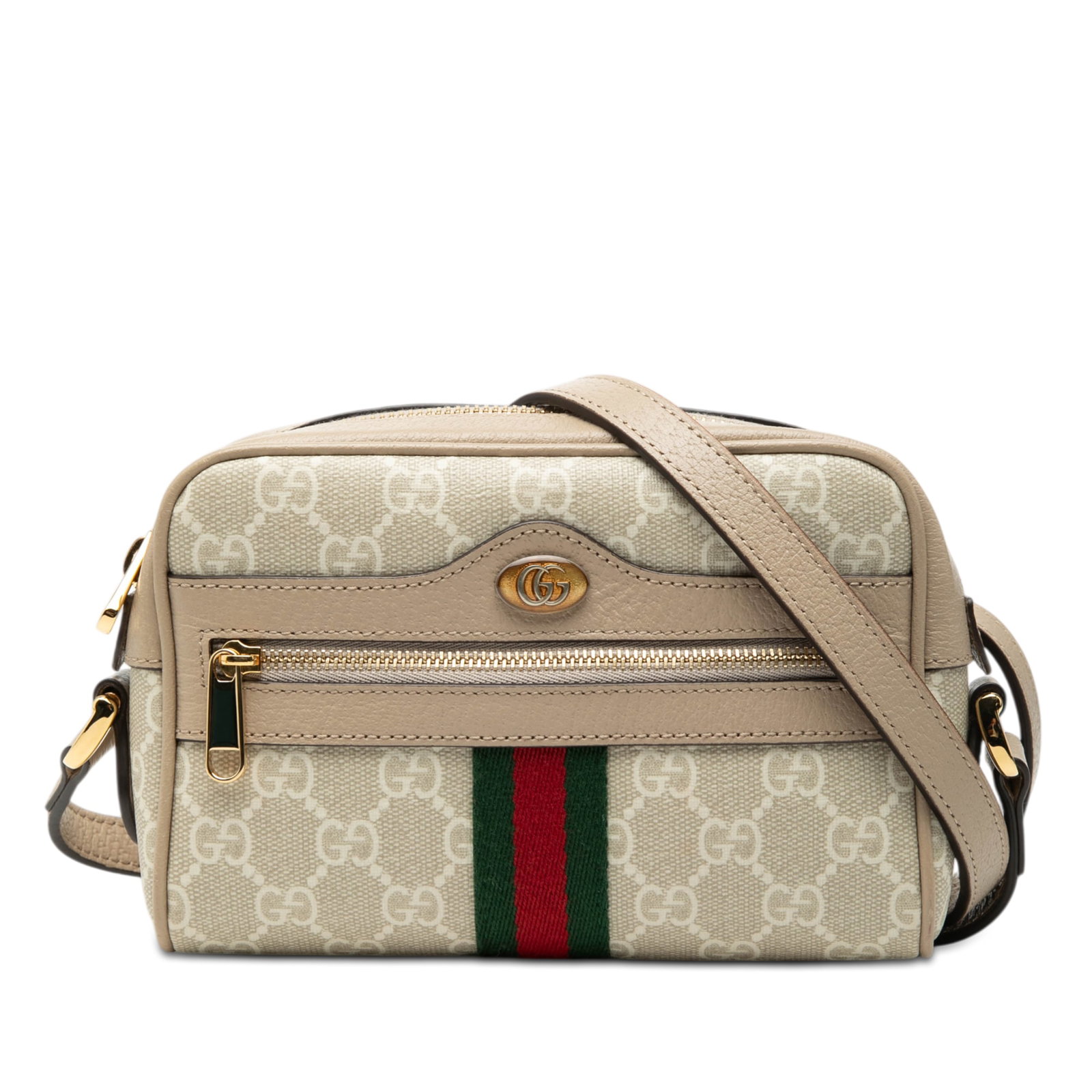 Gucci Mini Ophidia GG Supreme Canvas Crossbody Bag with Leather Trim: Gucci Mini Ophidia GG Supreme Canvas Crossbody Bag with Leather Trim This Gucci Mini GG Supreme Ophidia Crossbody bag is crafted from coated canvas with leather trim, featuring an adjustable flat leat