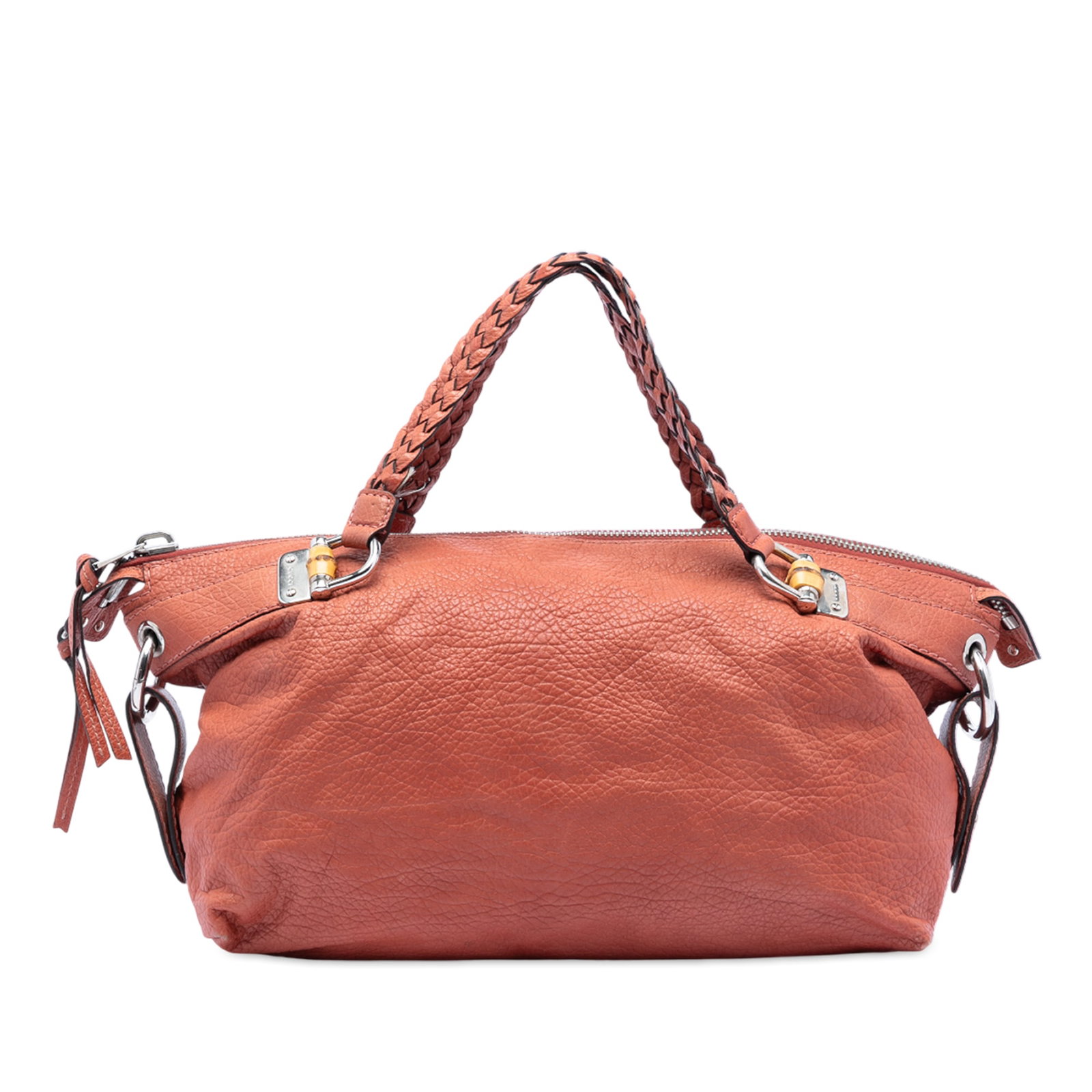 Gucci Bamboo Bar Medium Orange Leather Tote Bag with Braided Handles: Gucci Bamboo Bar Medium Orange Leather Tote Bag with Braided Handles This Gucci Medium Leather Bamboo Bar Tote is crafted from orange leather and features braided leather straps, a top zip closure, an