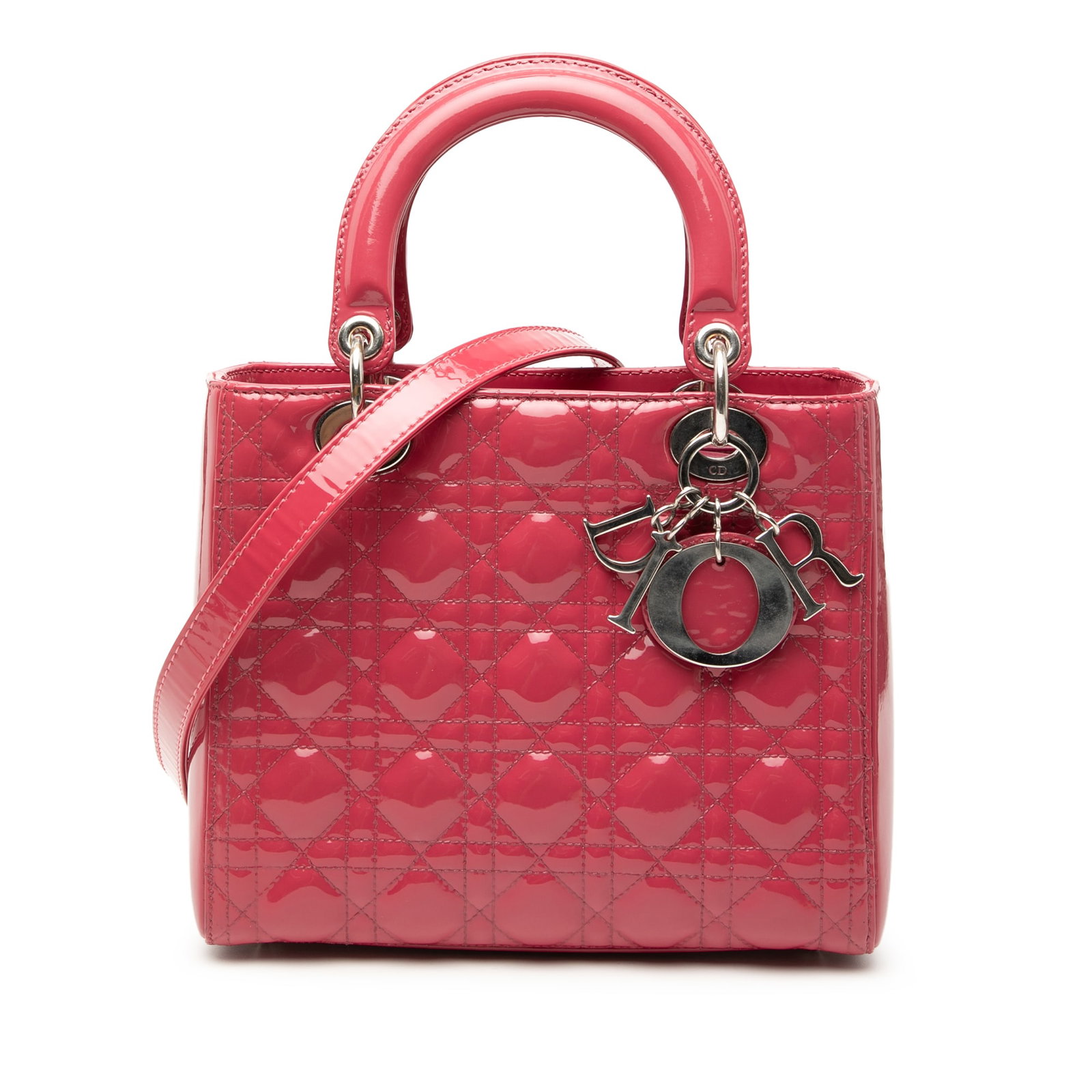 Dior Lady Dior Medium Pink Patent Cannage Leather Bag with Strap (1 of 7)