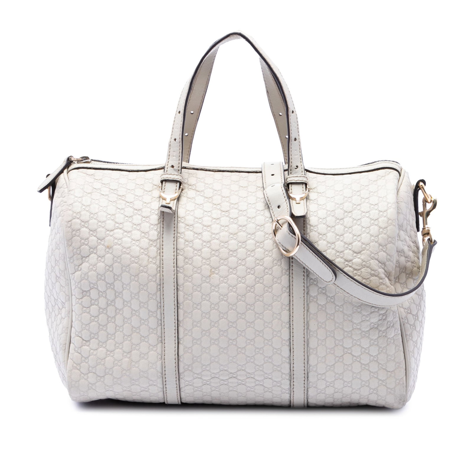 Gucci white leather Boston satchel Microguccissima Nice: Gucci white leather Boston satchel Microguccissima Nice This Gucci Microguccissima Nice Boston Bag is crafted from embossed leather in white and features flat leather handles, a detachable flat strap,