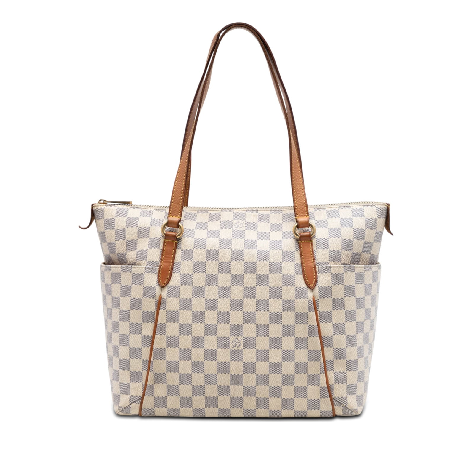 Louis Vuitton Totally MM Damier Azur Shoulder Bag: Louis Vuitton Totally MM Damier Azur Shoulder Bag Louis Vuitton Damier Azur Totally MM bag in Damier Azur canvas with flat vachetta leather straps, a top zip closure, exterior side open pockets, and