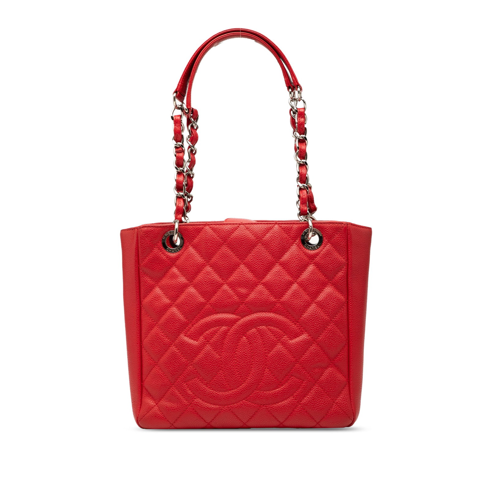 Red Chanel Caviar Leather Petite Shopping Tote with Chain Straps: Red Chanel Caviar Leather Petite Shopping Tote with Chain Straps This Chanel Caviar Petite Shopping Tote features a quilted caviar leather body in red, leather-woven chain shoulder straps with a leath
