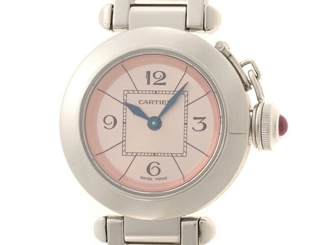 Cartier Miss Pasha W3140008 Ladies Quartz Watch Pink Dial Steel: Cartier Miss Pasha W3140008 Ladies Quartz Watch Pink Dial Steel Pre-owned Cartier Miss Pasha ladies wristwatch with a stainless steel case and bracelet, pink dial, and sapphire crystal. It features a 