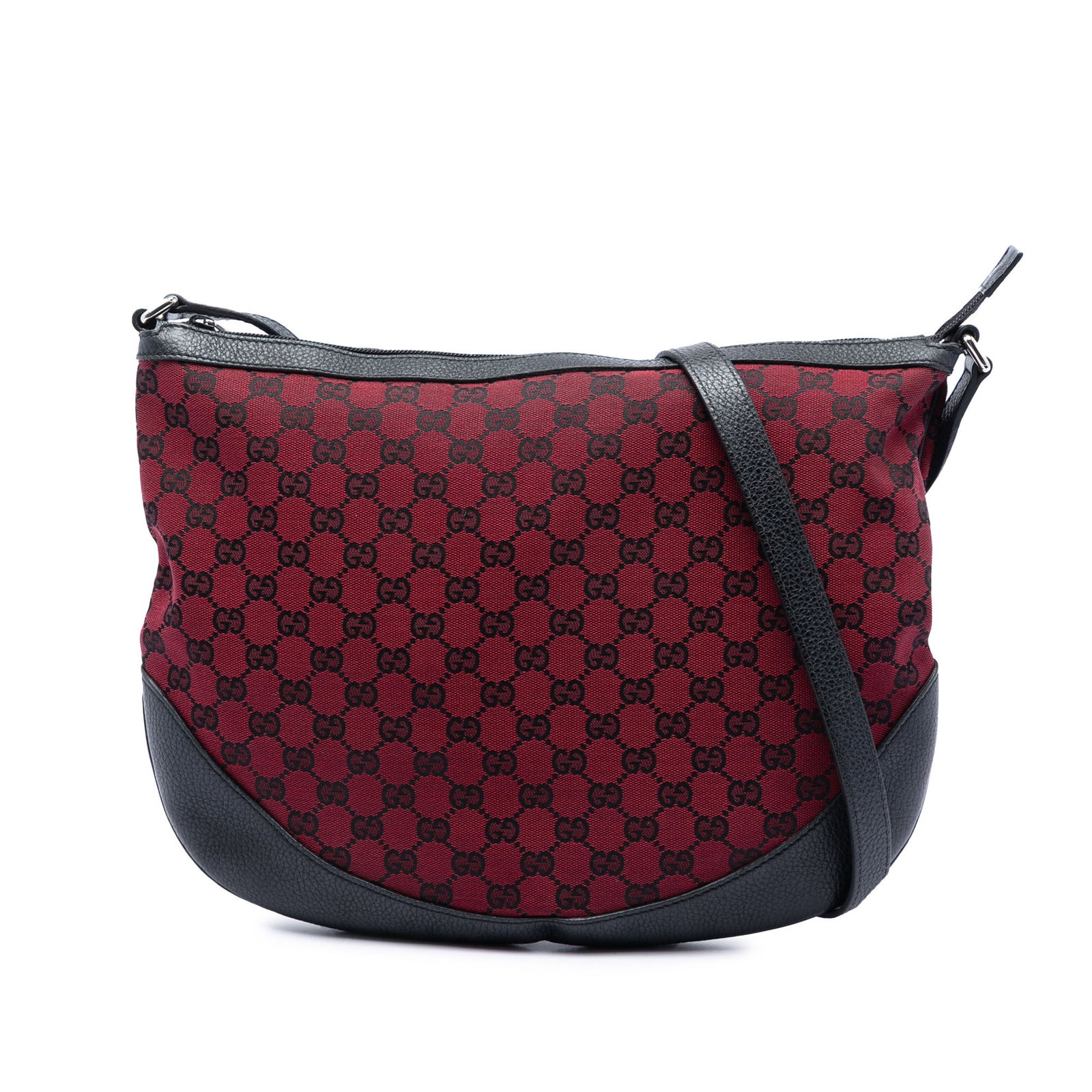 Gucci GG Canvas Red Leather Trim Crossbody Bag: Gucci GG Canvas Red Leather Trim Crossbody Bag Gucci GG Canvas Crossbody bag in red canvas with leather trim. It features an adjustable flat leather strap, a top zip closure, and an interior zip pocke