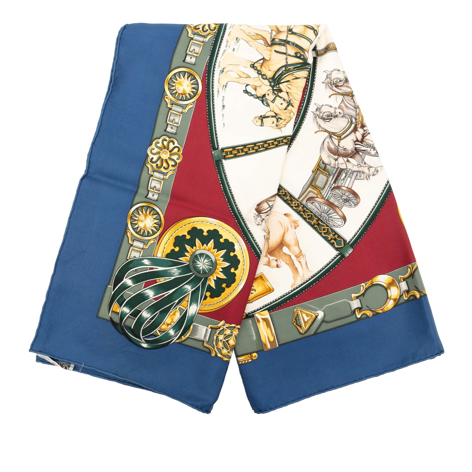 Hermes Chevaux de Trait 90 Silk Scarf Blue: Hermes Chevaux de Trait 90 Silk Scarf Blue Hermes Chevaux de Trait Silk Scarf 90 in blue, featuring the Chevaux de Trait print. Made in France from 100% silk. Condition is B+ with exterior back loose 