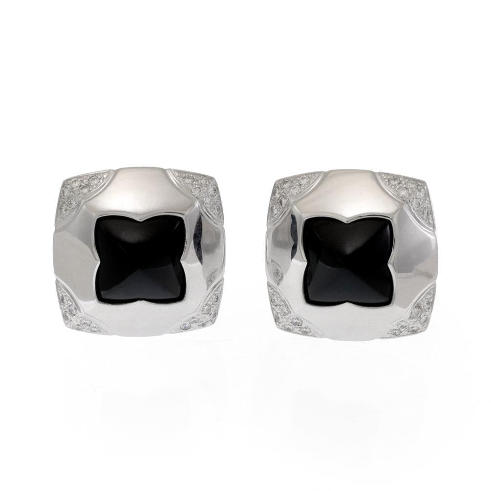 Bvlgari 1.25ct Diamond Onyx Floral Huggie Earrings 18k White Gold: Bvlgari 1.25ct Diamond Onyx Floral Huggie Earrings 18k White Gold Elevate your style with these exquisite Bvlgari huggie earrings, expertly crafted from high-quality 18k white gold with a lustrous pol