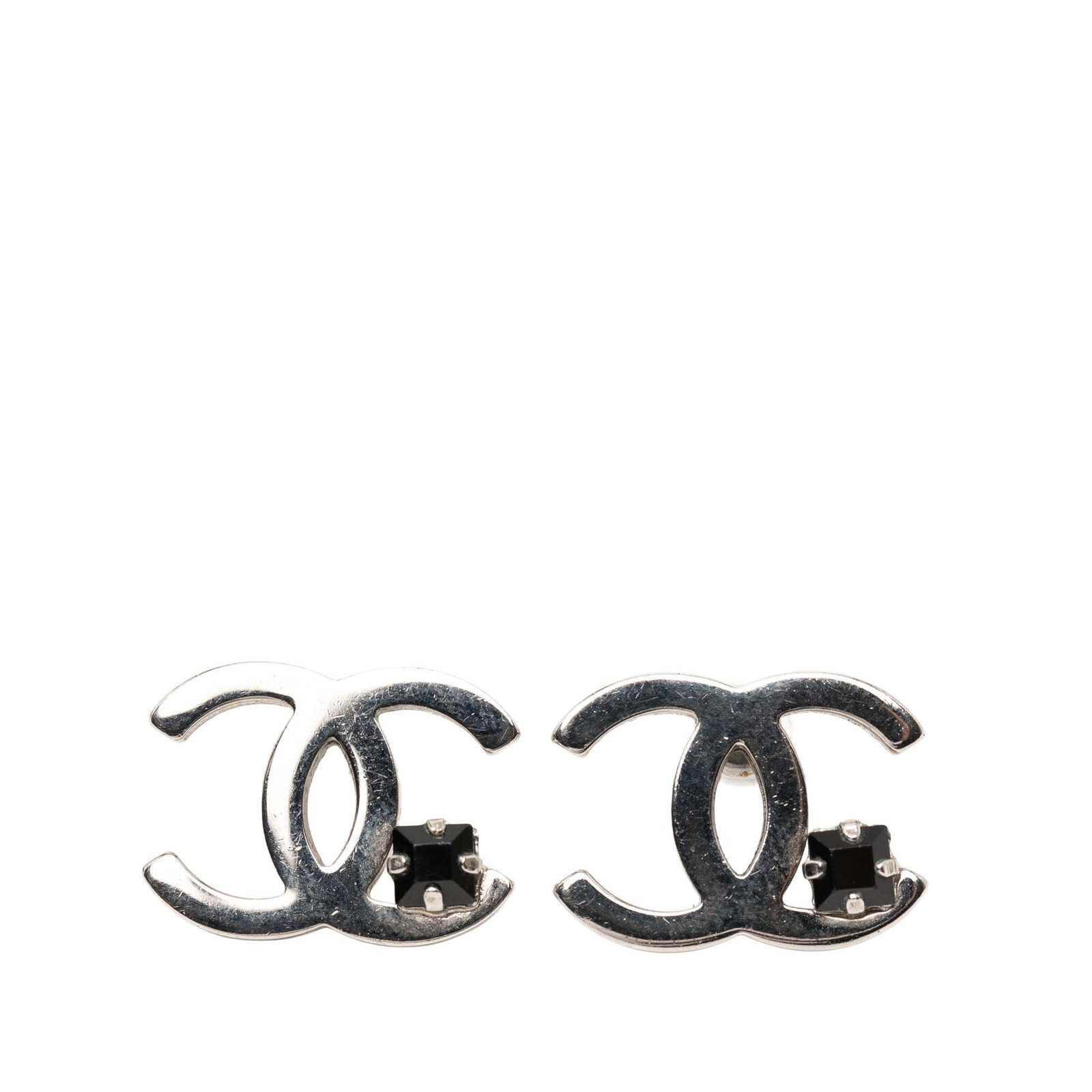 Chanel CC Rhinestone Silver Plated Metal Earrings with Push Back Closure: Chanel CC Rhinestone Silver Plated Metal Earrings with Push Back Closure These Chanel earrings feature a silver plated metal body adorned with rhinestone details and are designed with a push back clos