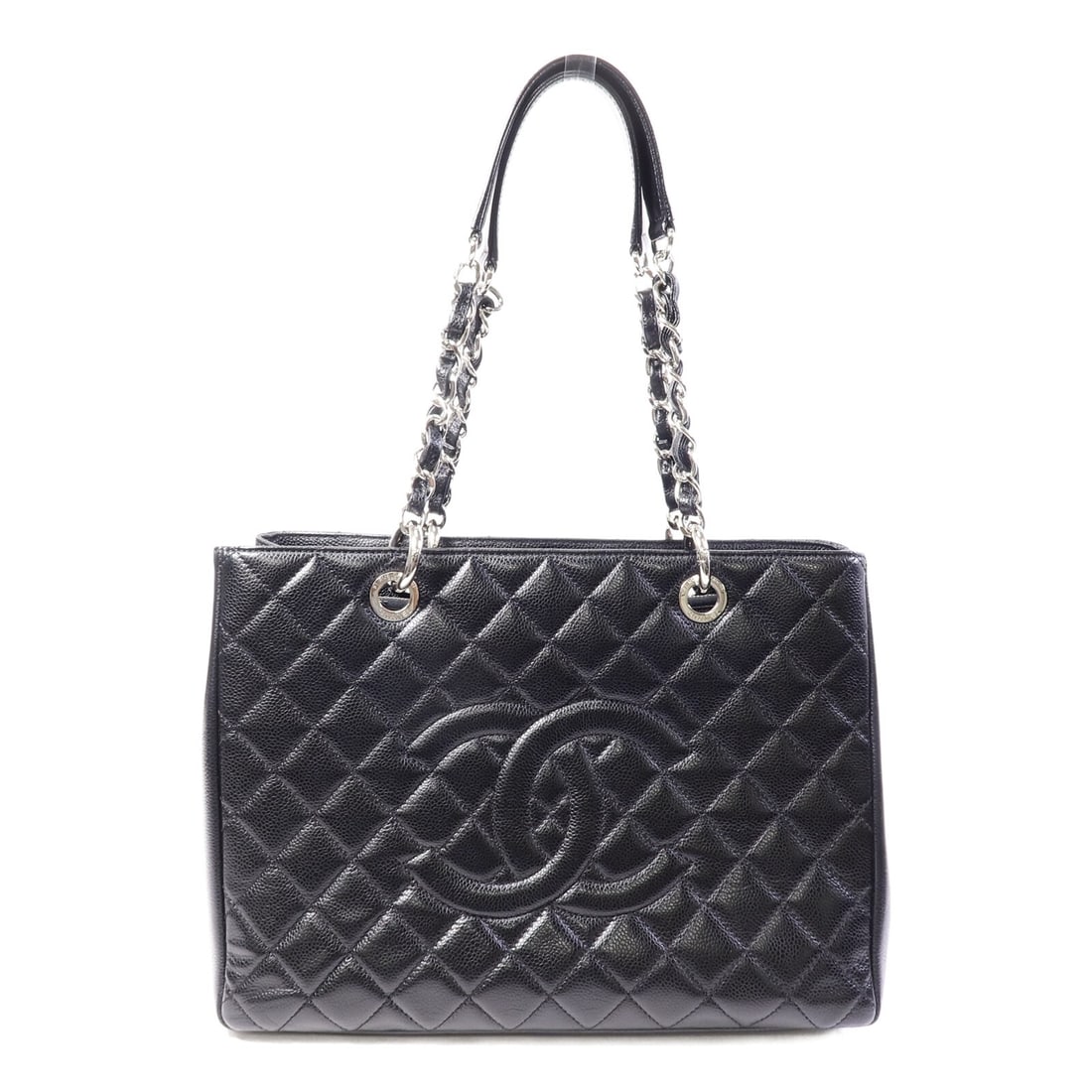 Chanel GST Grand Shopping Tote Black Calfskin Shoulder Bag SHW: Chanel GST Grand Shopping Tote Black Calfskin Shoulder Bag SHW This CHANEL Grand Shopping Tote is a shoulder bag crafted from black calfskin leather. It features the CC motif, silver-tone hardware, an