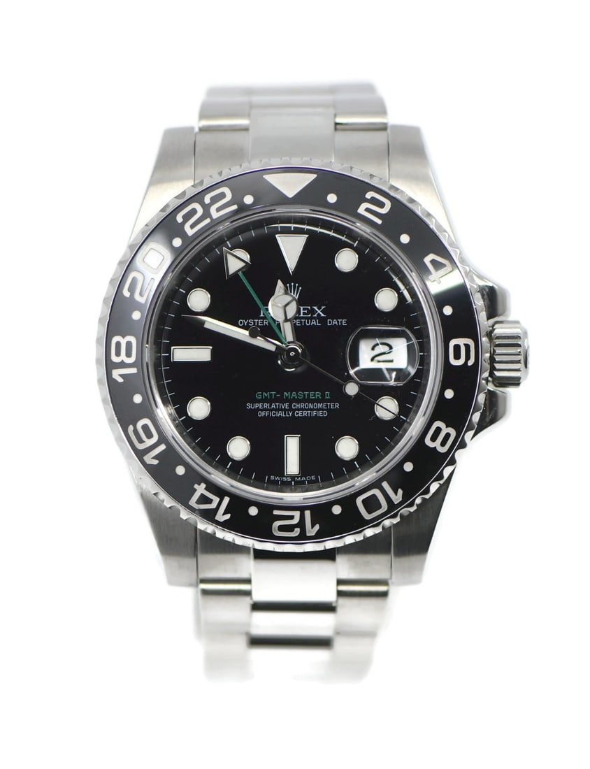 Rolex 116710LN GMT-Master II stainless steel wristwatch with box papers: Rolex 116710LN GMT-Master II stainless steel wristwatch with box papers Pre-owned Rolex GMT-Master II stainless steel wristwatch, reference 116710LN, with a 40 mm round case, black dial, and black bez