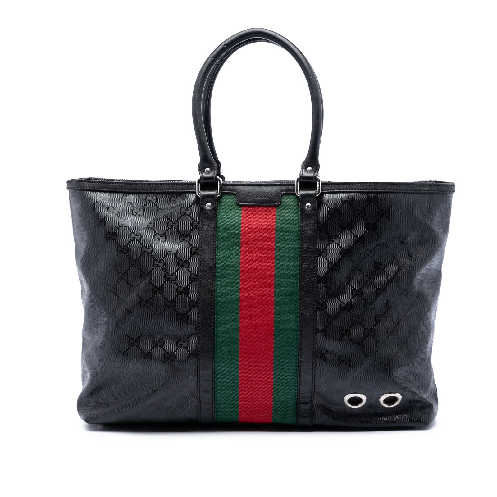 Gucci Fiat 500 GG Imprime Web Large Tote Bag Black: Gucci Fiat 500 GG Imprime Web Large Tote Bag Black Gucci Fiat 500 Large GG Imprime Web Tote in black with a coated canvas body, leather trim, and web detailing. This tote features rolled leather handl