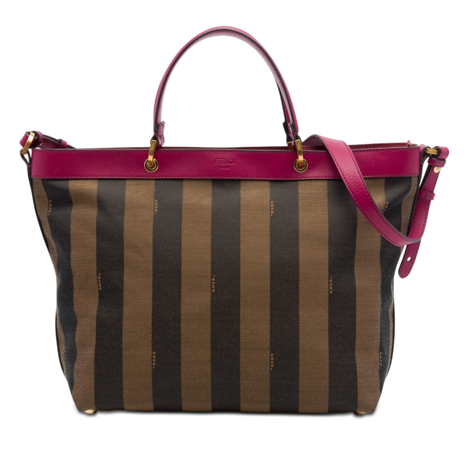 Fendi Pequin Canvas Satchel Bag with Leather Trim: Fendi Pequin Canvas Satchel Bag with Leather Trim Fendi Large Pequin Canvas Satchel in brown, made in Italy. It features a canvas body with leather trim, a flat leather handle, a detachable flat shoul