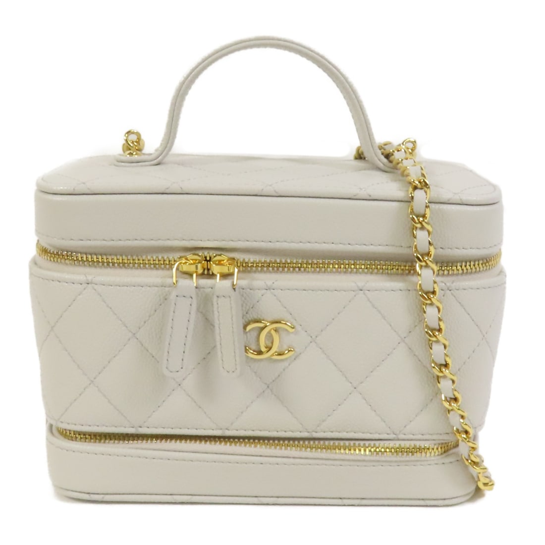 CHANEL CC Vanity Case 2Way Shoulder Bag Gray Calfskin: CHANEL CC Vanity Case 2Way Shoulder Bag Gray Calfskin CHANEL CC GHW Vanity Case 2Way Shoulder Bag in gray calfskin leather. This regular-size women's bag is described as very good condition (AB) and i