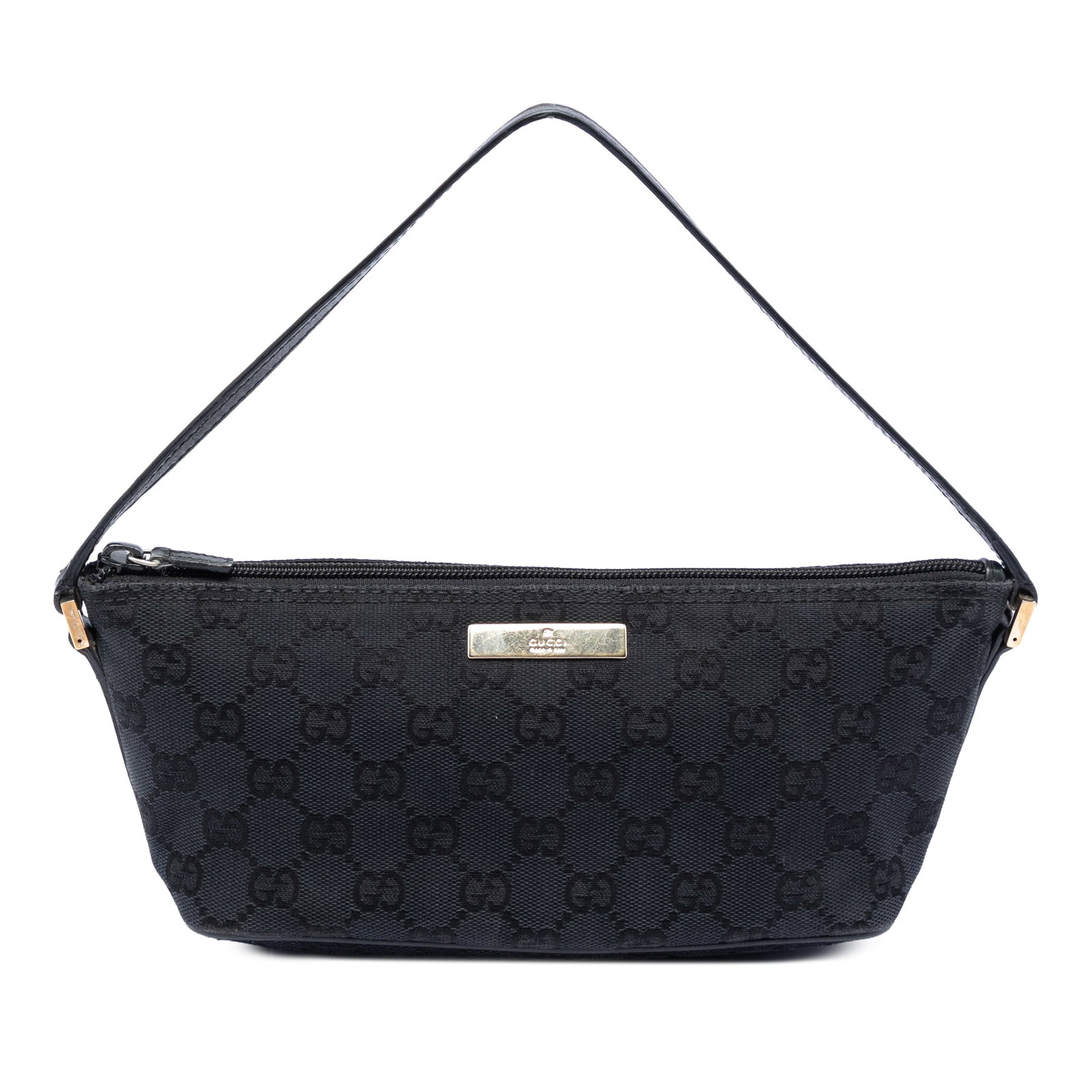 Gucci GG Canvas Boat Shoulder Bag Black Fabric Leather Trim: Gucci GG Canvas Boat Shoulder Bag Black Fabric Leather Trim A Gucci GG Canvas Boat shoulder bag made in Italy, crafted with a canvas body and leather trim. It features a flat leather strap and a top z