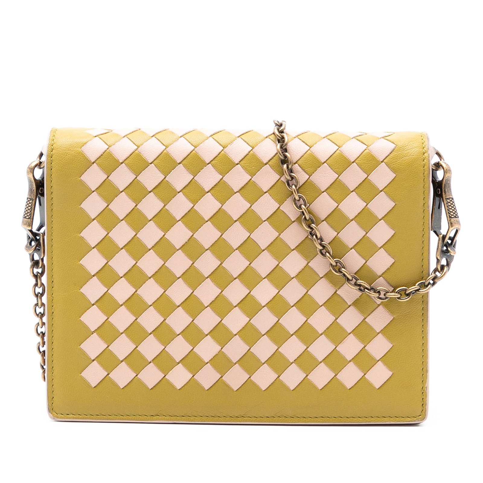 Bottega Veneta Yellow Nappa Intrecciato Leather Crossbody Chain Wallet: Bottega Veneta Yellow Nappa Intrecciato Leather Crossbody Chain Wallet This Bottega Veneta Nappa Intrecciato Wallet on Chain showcases the brand's signature woven nappa leather in a vibrant yellow hue