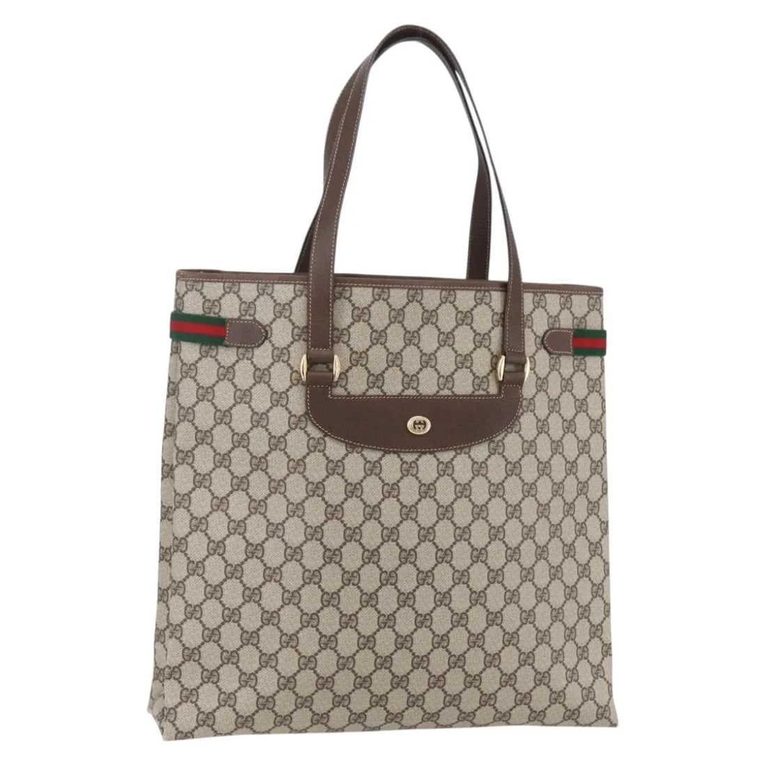 Beige PVC Vintage Tote Bag by Gucci GG Canvas Pattern: Beige PVC Vintage Tote Bag by Gucci GG Canvas Pattern This pre-owned Gucci vintage tote features the iconic GG canvas design in beige PVC, crafted for women. Made in Italy, the bag shows typical signs
