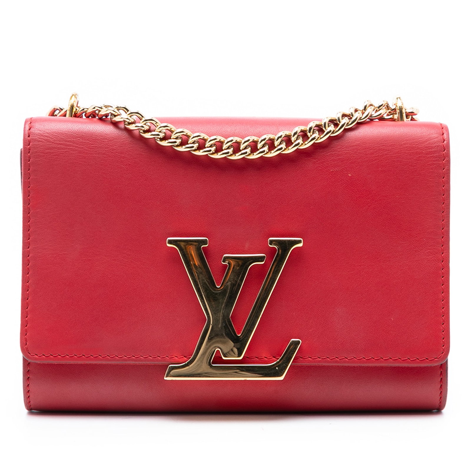 Louis Vuitton Leather Louise Chain MM Red Bag with Chain Strap: Louis Vuitton Leather Louise Chain MM Red Bag with Chain Strap The Louis Vuitton Leather Louise Chain MM is a stylish and functional handbag crafted from high-quality leather. This bag features a chai