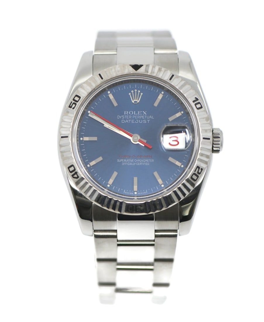 Rolex Datejust Turn-O-Graph Blue Dial Stainless Steel 36mm Men's Wristwatch 116264: Rolex Datejust Turn-O-Graph Blue Dial Stainless Steel 36mm Men's Wristwatch 116264 This Rolex Datejust Turn-O-Graph wristwatch features a 36 mm polished stainless steel case and a matching stainless s