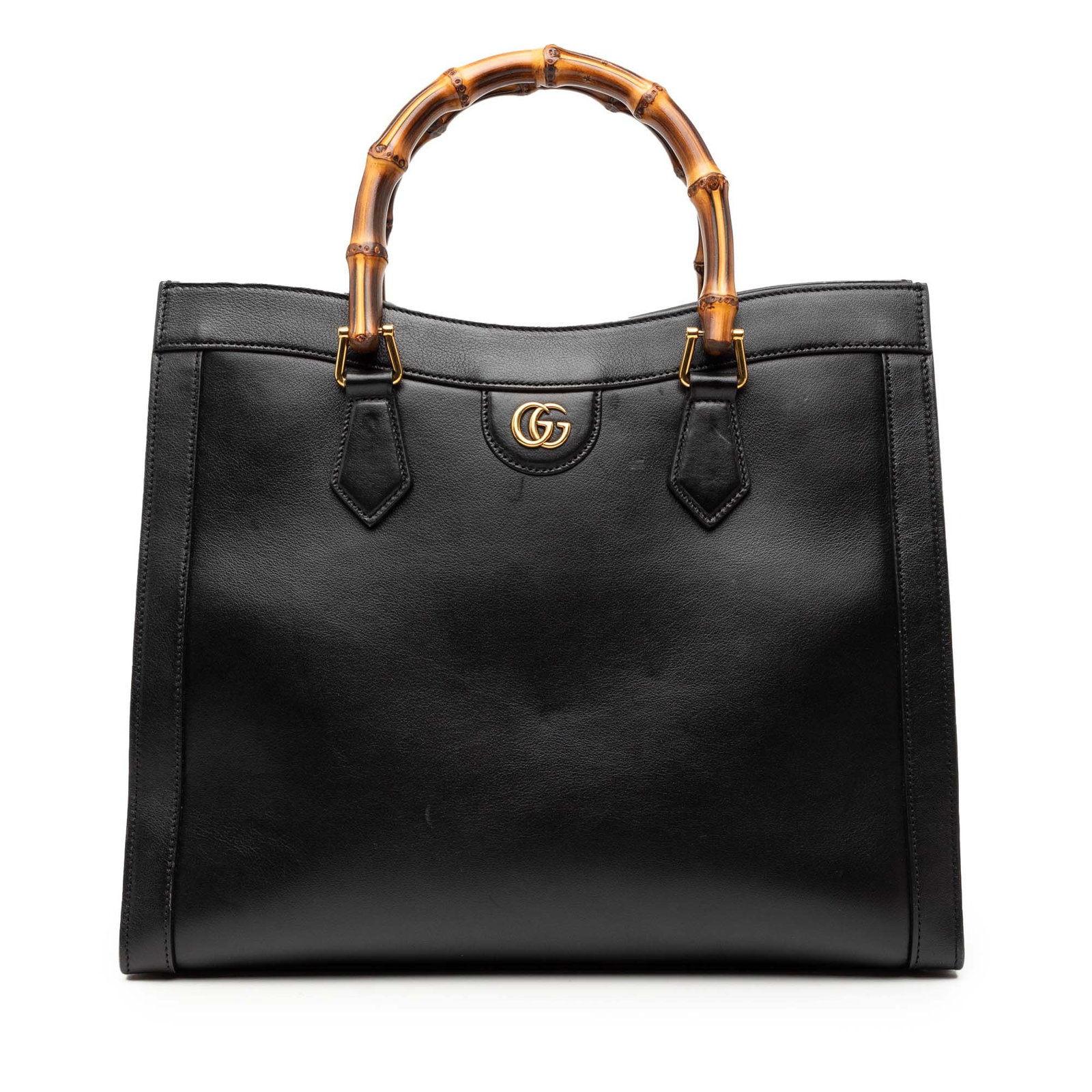 Gucci Bamboo Diana black leather satchel with bamboo handle: Gucci Bamboo Diana black leather satchel with bamboo handle This Gucci Medium Bamboo Diana Tote features a black leather body with a distinctive bamboo top handle. The bag is designed with an open top