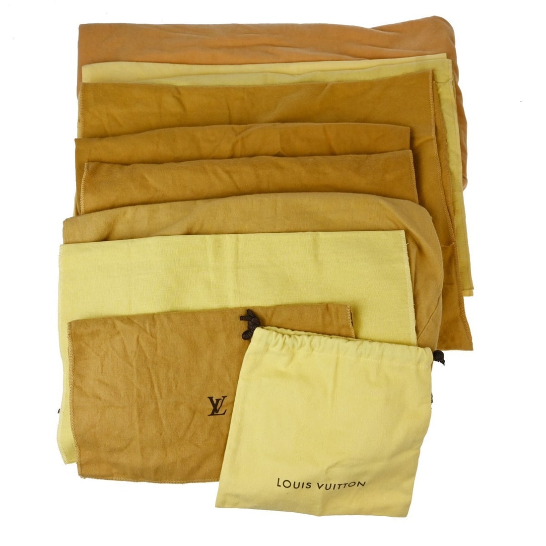 Set of 10 Louis Vuitton Authentic Cotton Dust Bags Brown Beige: Set of 10 Louis Vuitton Authentic Cotton Dust Bags Brown Beige Set of 10 authentic Louis Vuitton dust bags in brown and beige cotton. These unisex dust bags show overall signs of use with reasonable w
