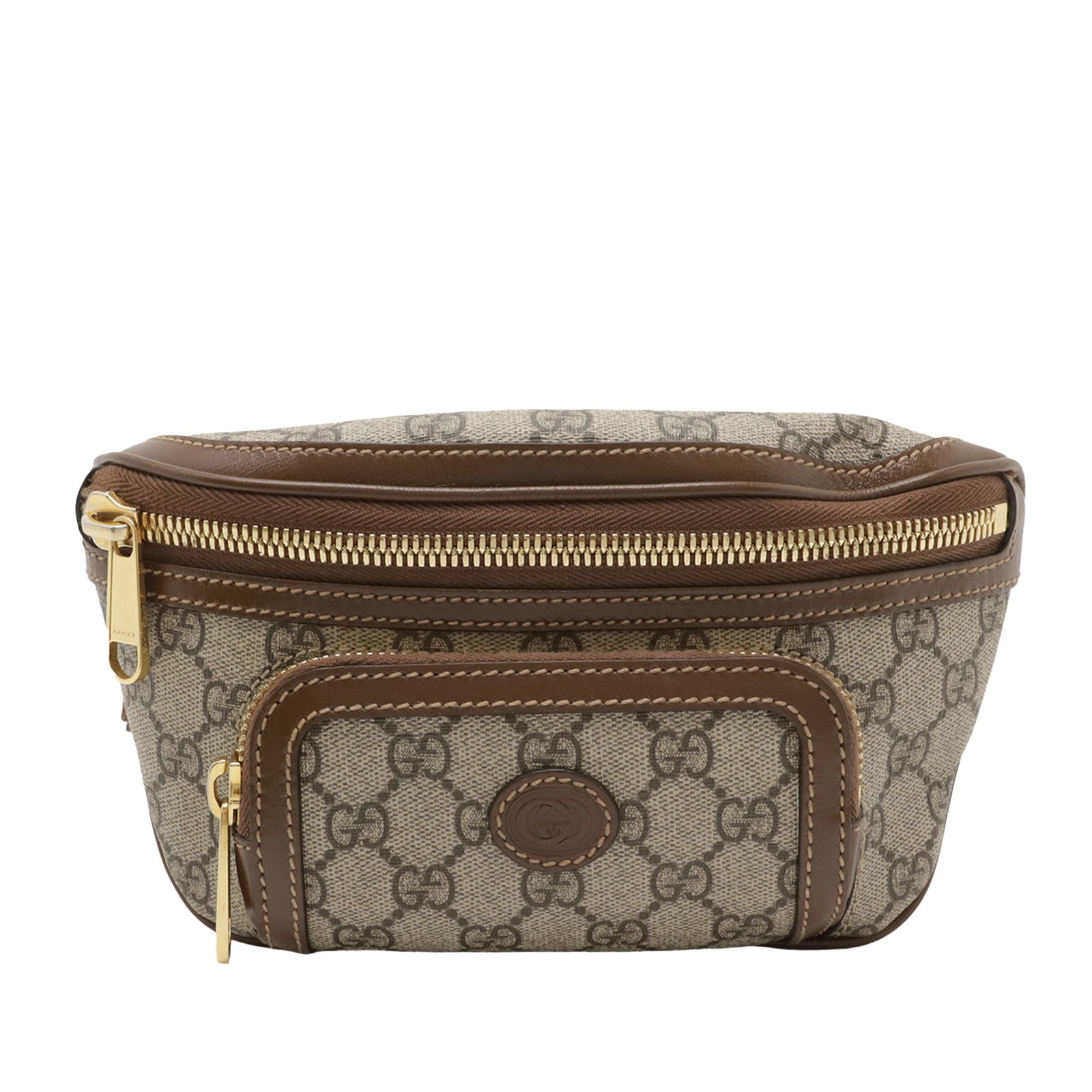 Gucci GG Supreme Interlocking G Waist Bag Beige Canvas Leather Trim: Gucci GG Supreme Interlocking G Waist Bag Beige Canvas Leather Trim Gucci GG Supreme Interlocking G Belt Bag in beige, made with a coated canvas body and leather trim. It features an adjustable waist 
