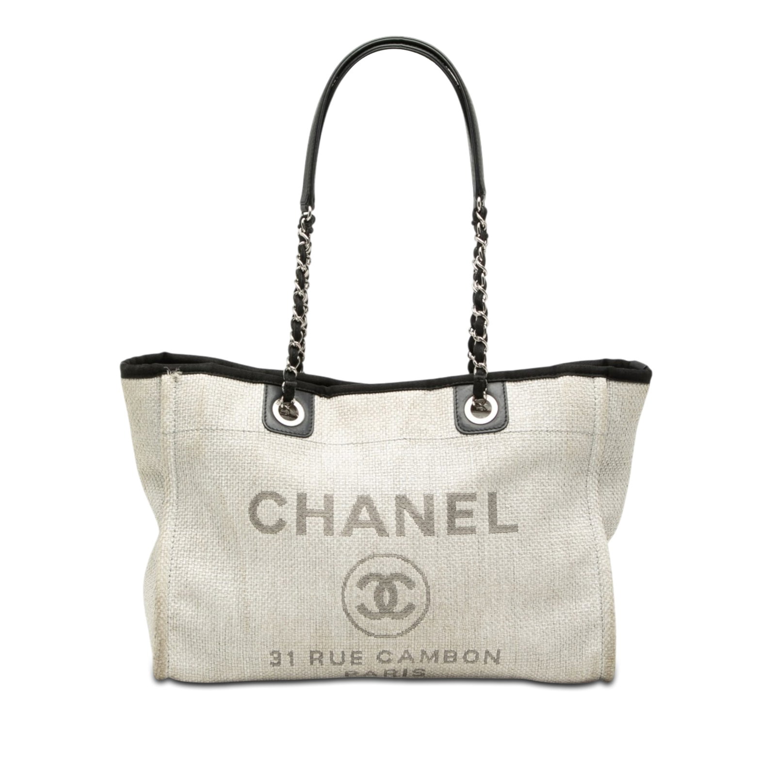 Chanel Deauville Small Gray Canvas Tote Bag: Chanel Deauville Small Gray Canvas Tote Bag This Chanel Small Canvas Deauville Tote is crafted with a canvas body and leather trim, featuring curb chain straps and an open top with a magnetic snap but