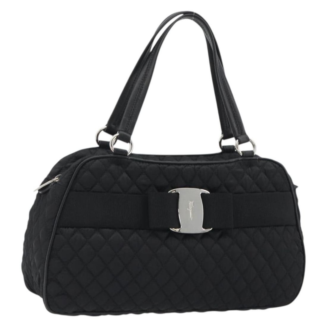Black Nylon Hand Bag Salvatore Ferragamo Silver Tone Italy: Black Nylon Hand Bag Salvatore Ferragamo Silver Tone Italy A Salvatore Ferragamo hand bag in black and silver nylon, made in Italy. The bag is presented in excellent condition with slight scratches on