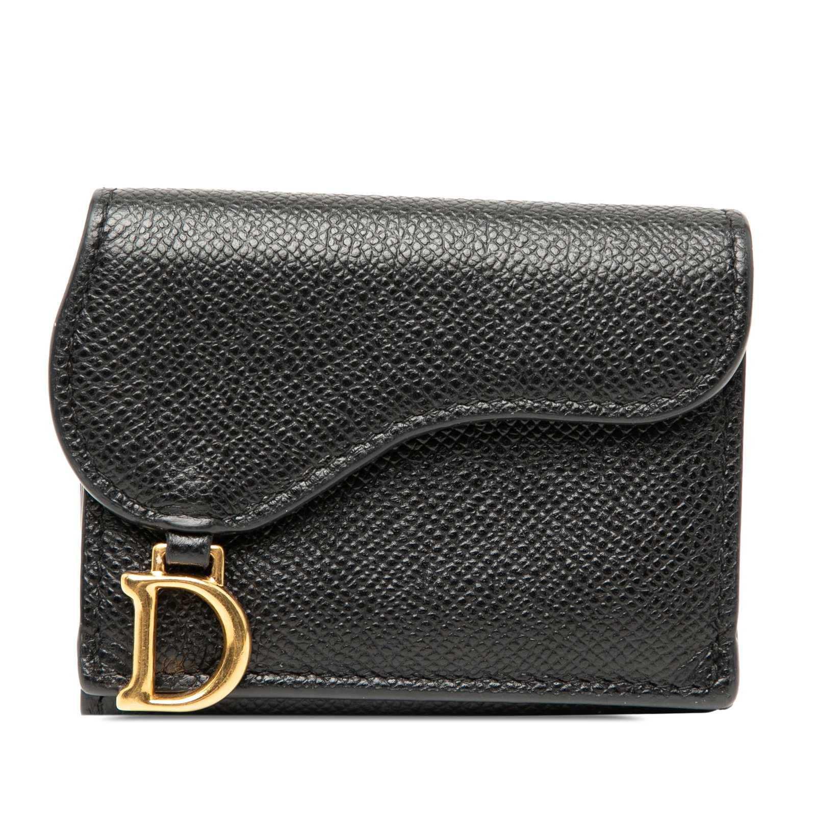 Dior Saddle Grained Calfskin Trifold Wallet: Dior Saddle Grained Calfskin Trifold Wallet This Dior Grained Calfskin Saddle Trifold Wallet is crafted from leather and features a flap with snap button closure, an exterior front slip pocket, and an
