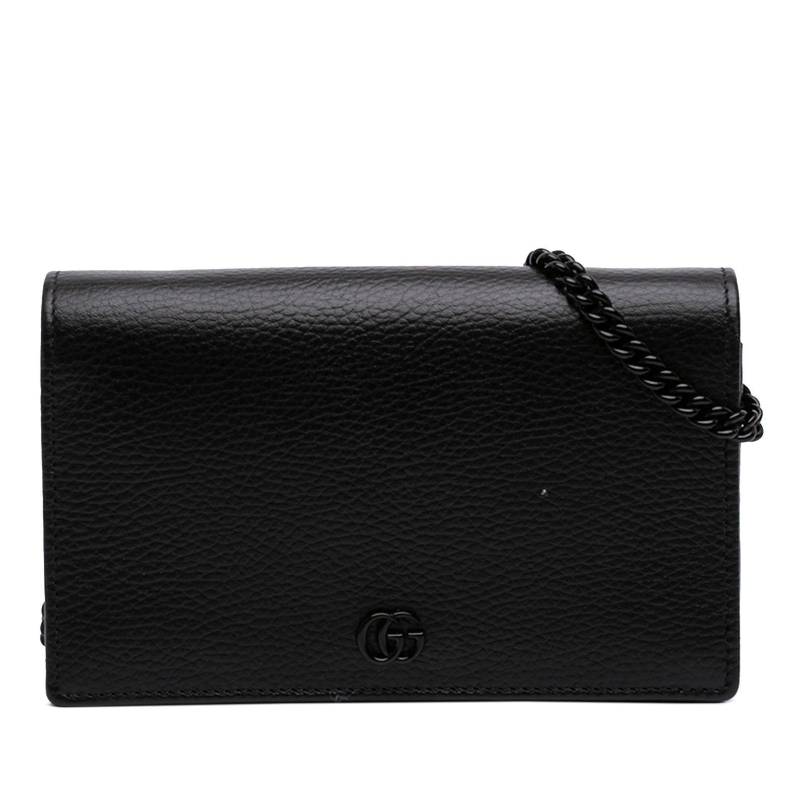 Gucci GG Marmont monochrome leather wallet on chain bag: Gucci GG Marmont monochrome leather wallet on chain bag Gucci GG Marmont Calfskin Monochrome Wallet On Chain crossbody bag in black leather, made in Italy. It features a chain link strap, a front flap