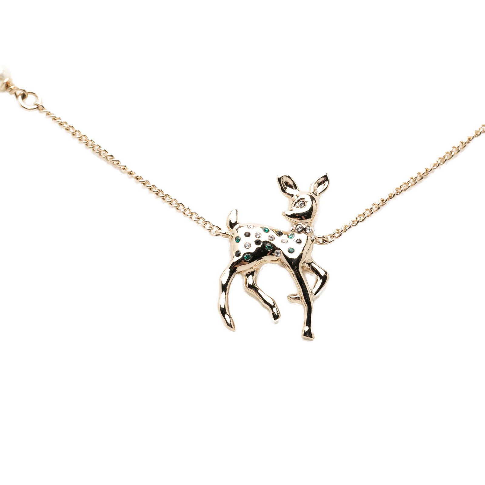 Chanel CC Deer Pendant Necklace Gold Tone Faux Pearl Strass: Chanel CC Deer Pendant Necklace Gold Tone Faux Pearl Strass Chanel deer pendant necklace in gold-tone metal with faux pearl embellishment and strass detailing. This costume jewelry piece is finished w