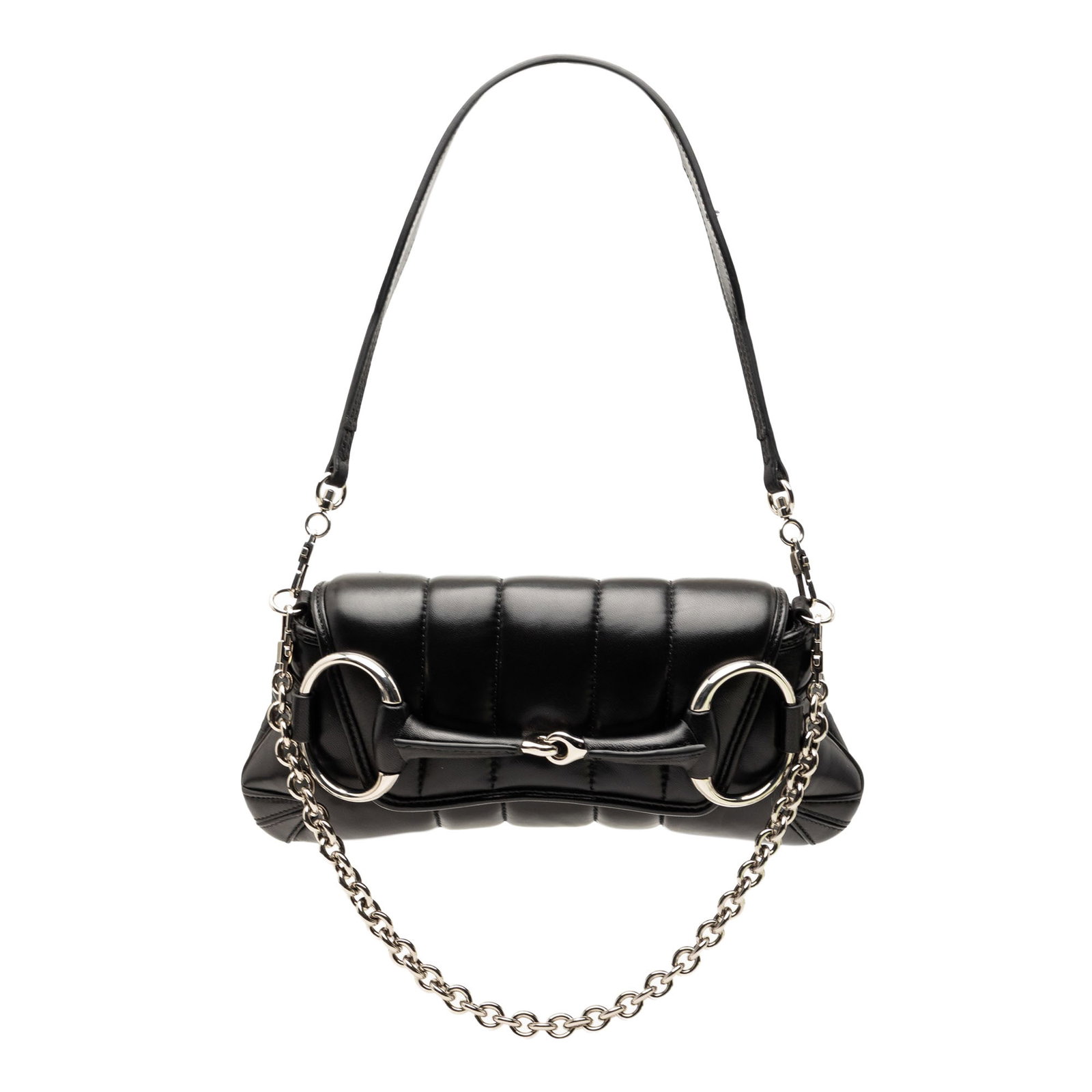 Gucci Horsebit Chain Satchel Black Leather Quilted Small: Gucci Horsebit Chain Satchel Black Leather Quilted Small This Gucci Small Quilted Leather Horsebit Chain Satchel is crafted from black leather and features a quilted design. It comes with a detachable