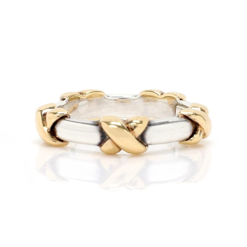 Tiffany & Co. Band Ring 18k Yellow Gold X Design Sterling Silver Size 5: Tiffany & Co. Band Ring 18k Yellow Gold X Design Sterling Silver Size 5 This exquisite band ring from Tiffany & Co. combines elegance and craftsmanship, featuring a polished 3mm wide sterling silver b